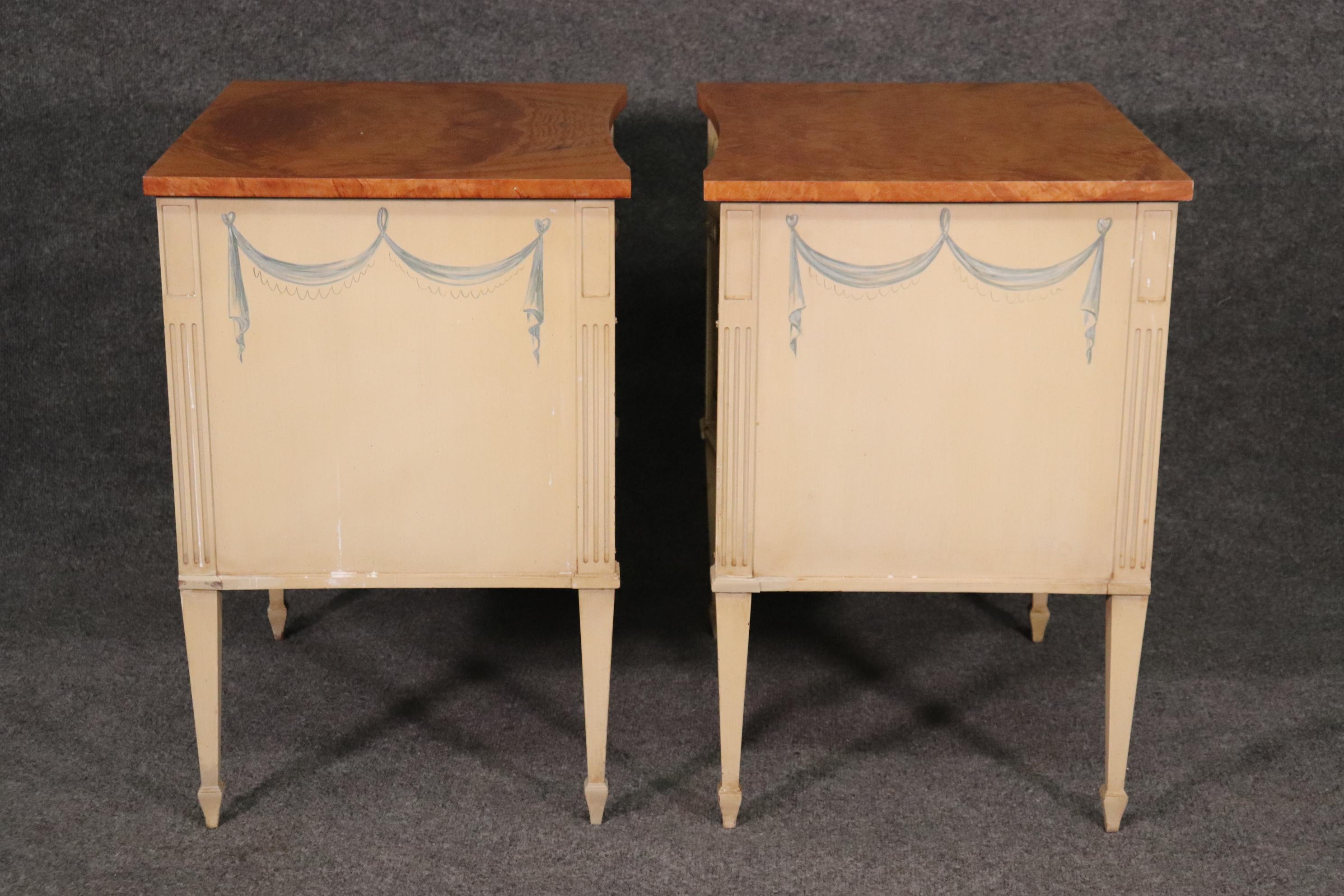 American Pair Paint Decorated Burled Walnut Adams Style Schmieg and Kotzian Night Stands