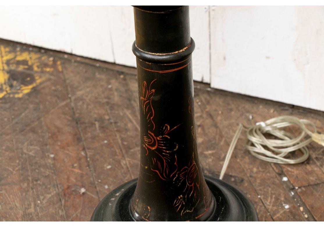 Pair Paint Decorated Ebonized  Floor Lamp Tables For Sale 3