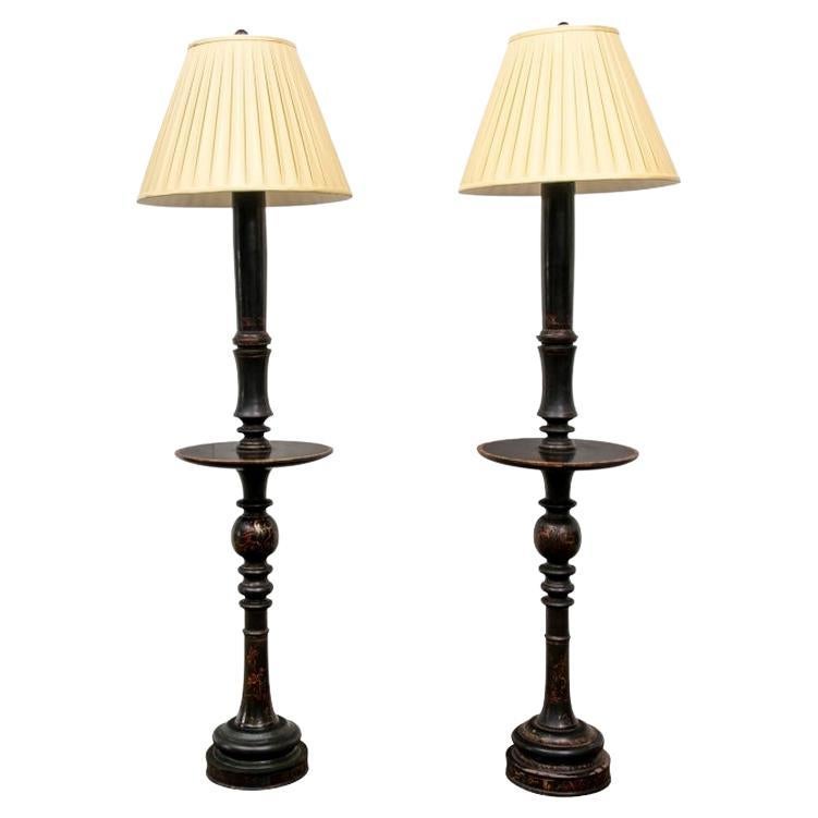 Pair Paint Decorated Ebonized  Floor Lamp Tables