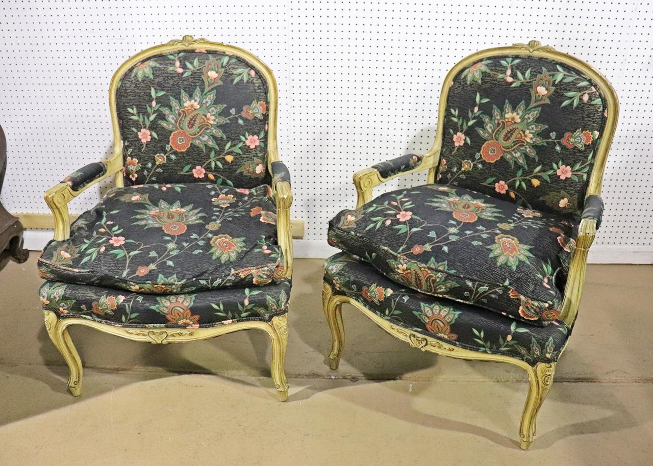 Pair Paint Decorated French Louis XV Armchairs Fauteuils circa 1950s For Sale 7