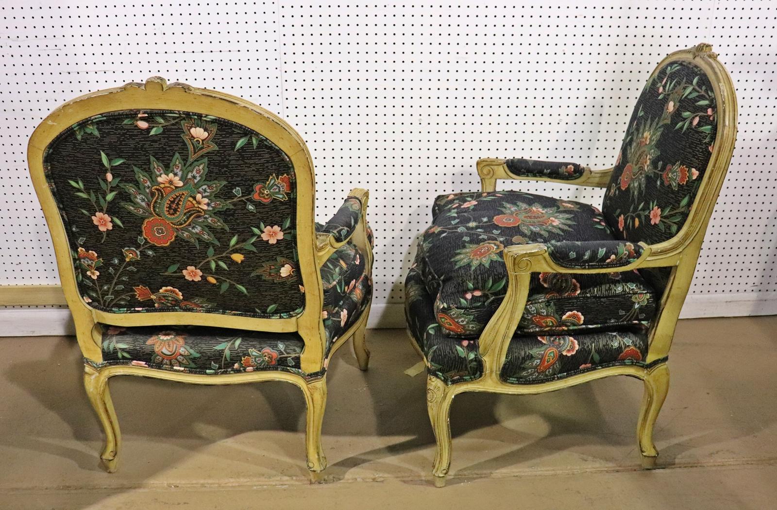 Walnut Pair Paint Decorated French Louis XV Armchairs Fauteuils circa 1950s For Sale