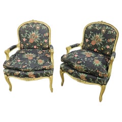 Retro Pair Paint Decorated French Louis XV Armchairs Fauteuils circa 1950s