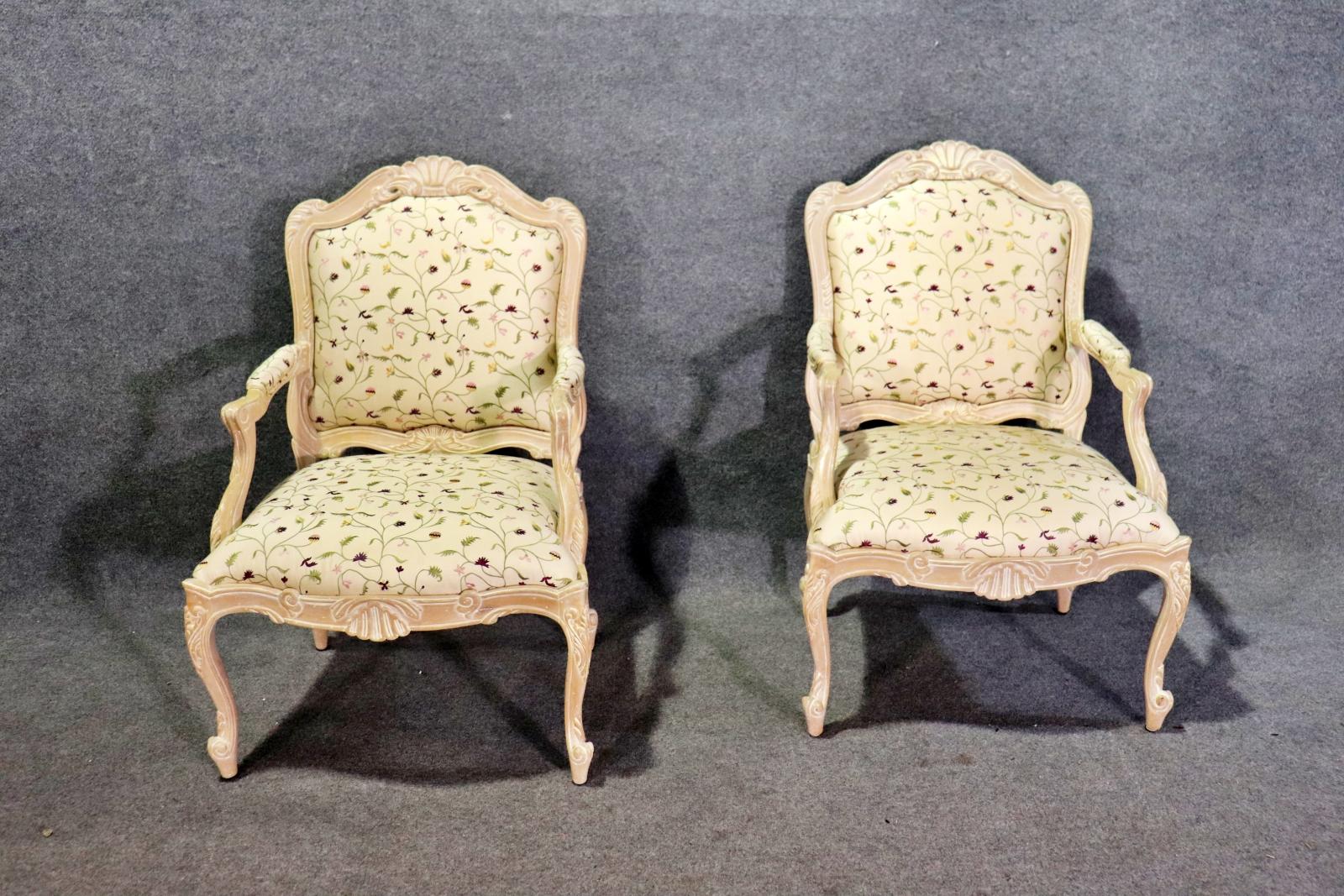 Walnut Pair Paint Decorated French Louis XV Style Armchairs For Sale