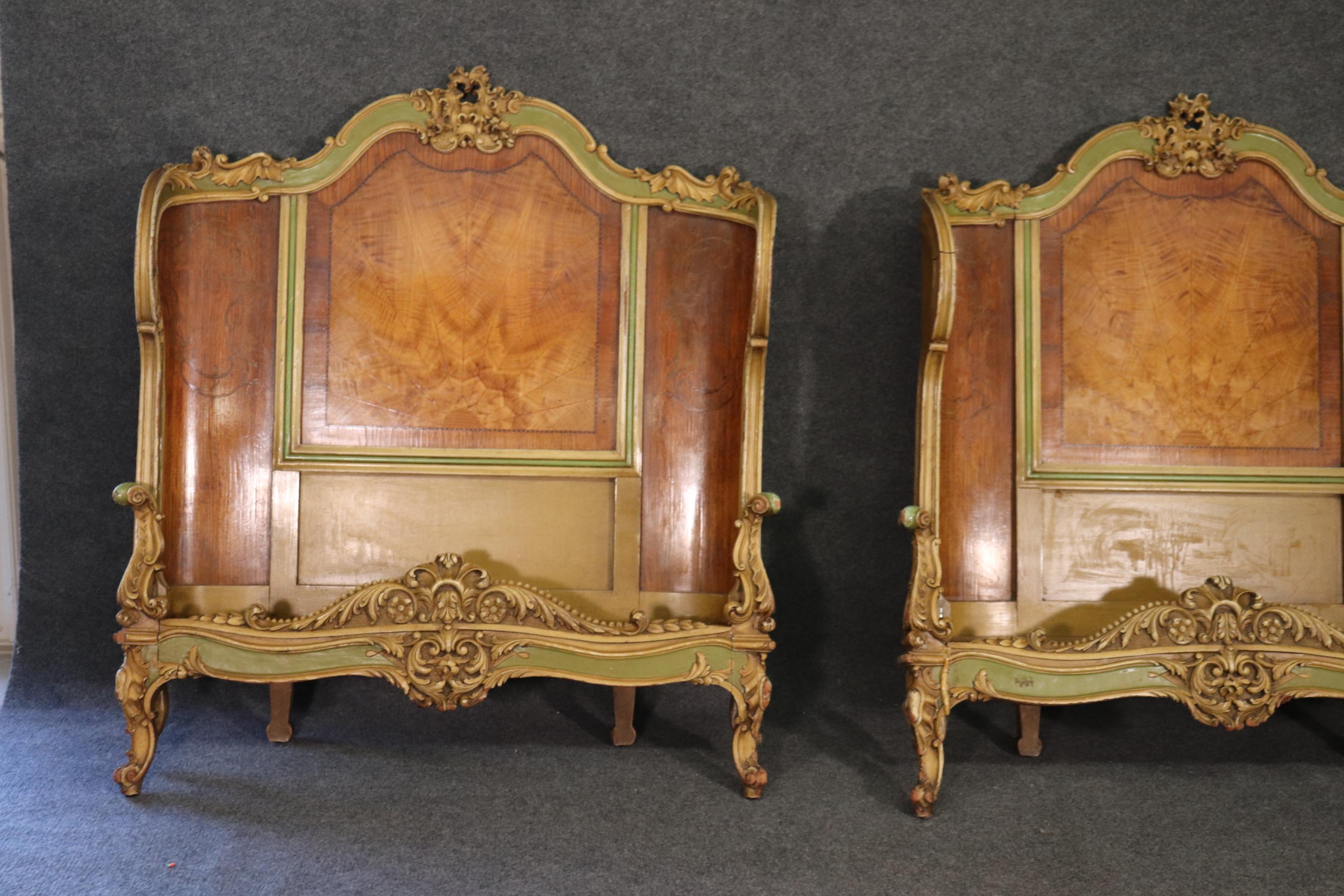 There are no rails for these beds, but they can be used with Hollywood frames. These beds are beautifully carved and paint decorated. The headboards measures 51 tall x 40 wide x 12 inches deep.