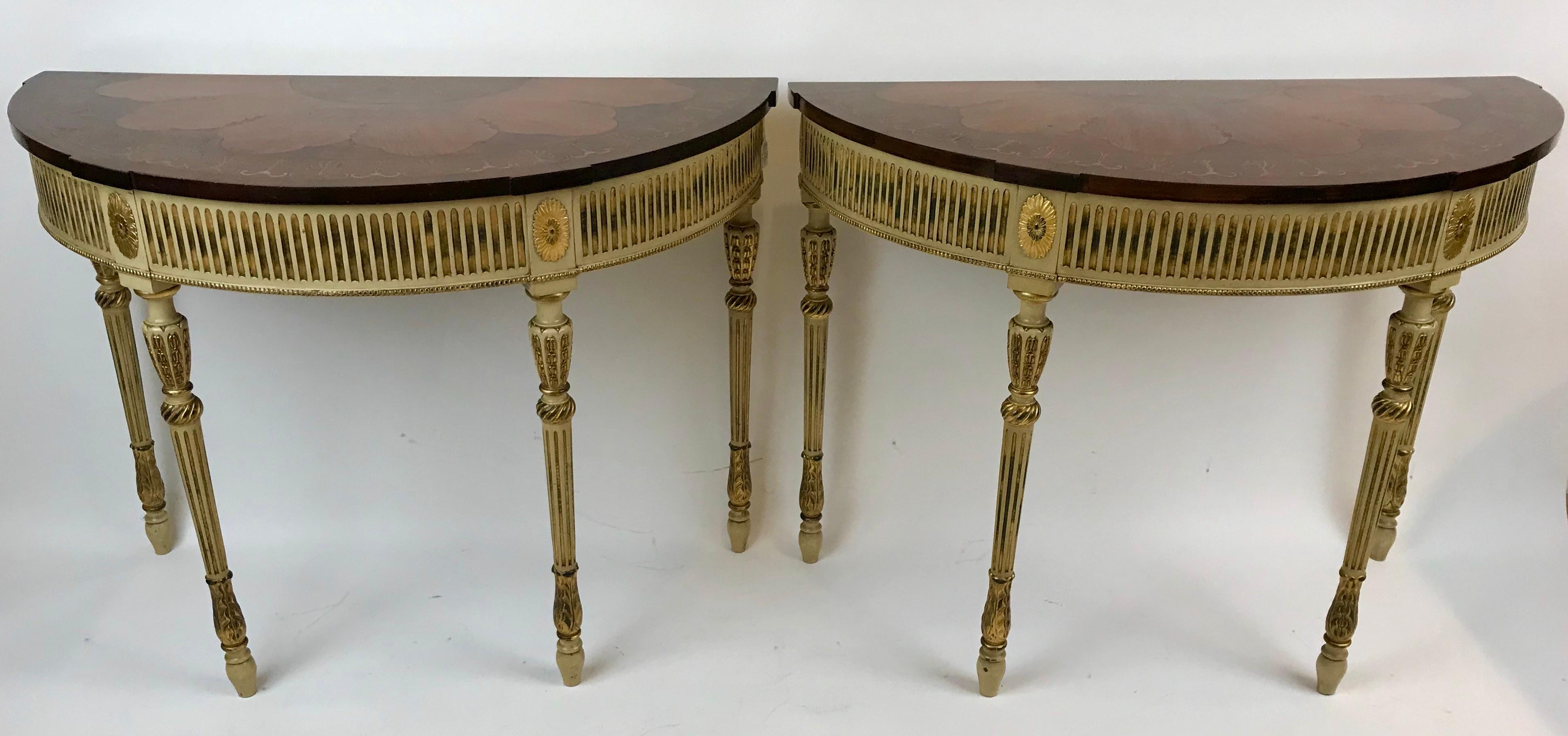 Pair Paint Decorated George III Style Console Tables with Inlay Tops For Sale 5