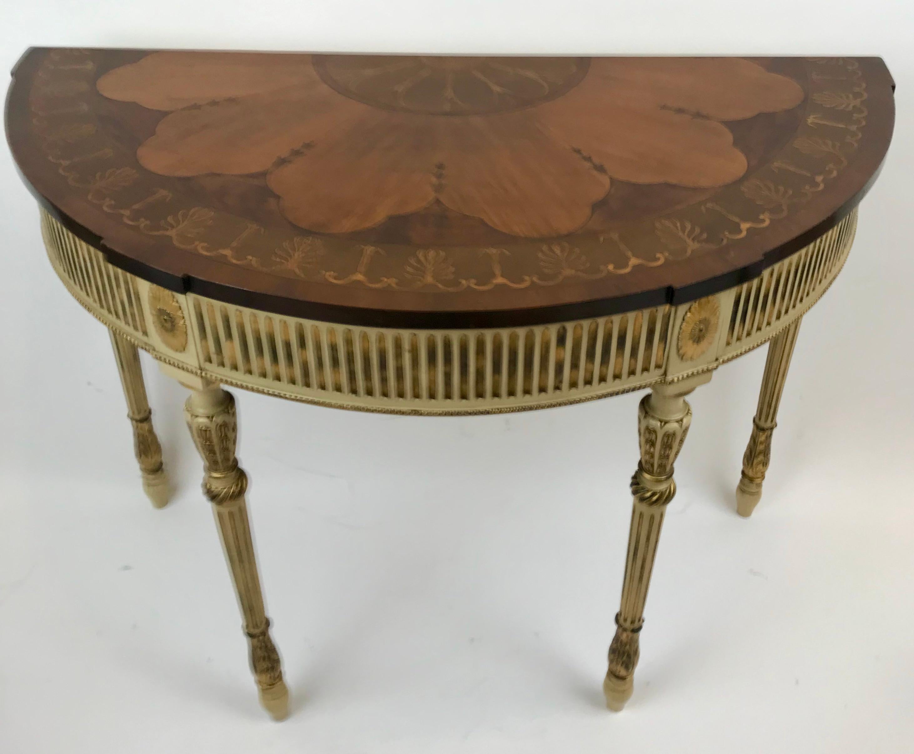 Pair Paint Decorated George III Style Console Tables with Inlay Tops In Good Condition For Sale In Pittsburgh, PA