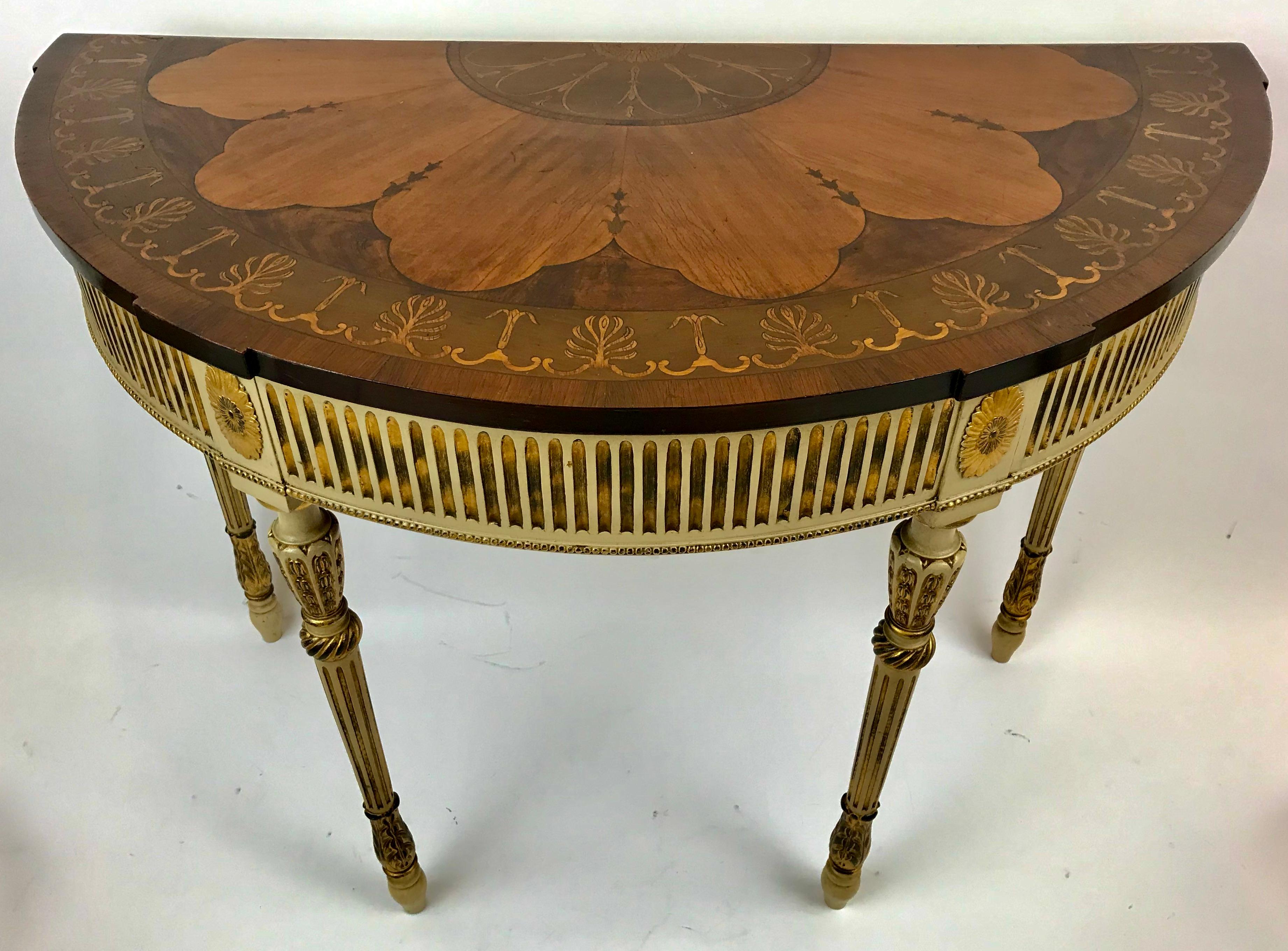 18th Century Pair Paint Decorated George III Style Console Tables with Inlay Tops For Sale