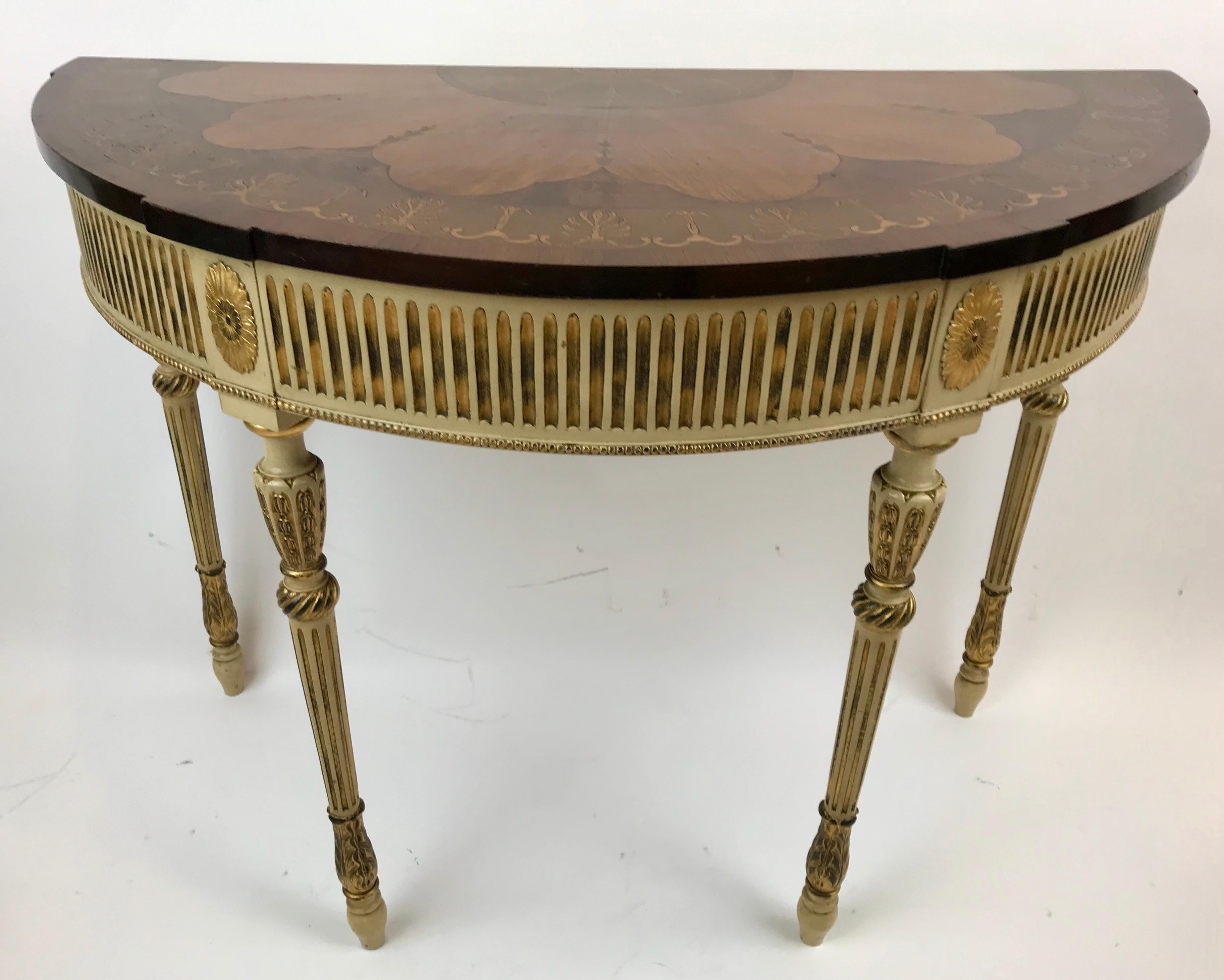 Pair Paint Decorated George III Style Console Tables with Inlay Tops For Sale 1
