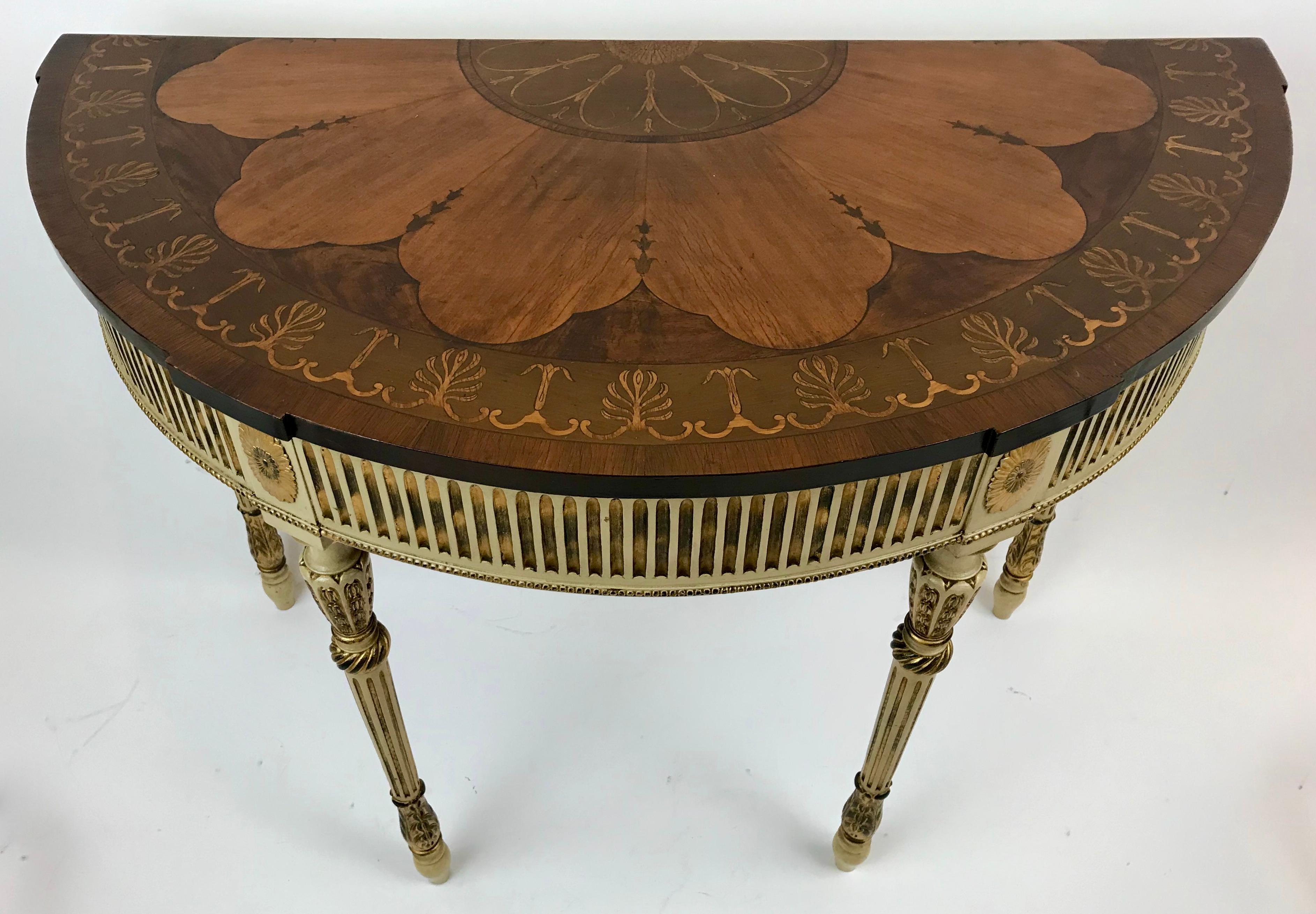 Pair Paint Decorated George III Style Console Tables with Inlay Tops For Sale 2