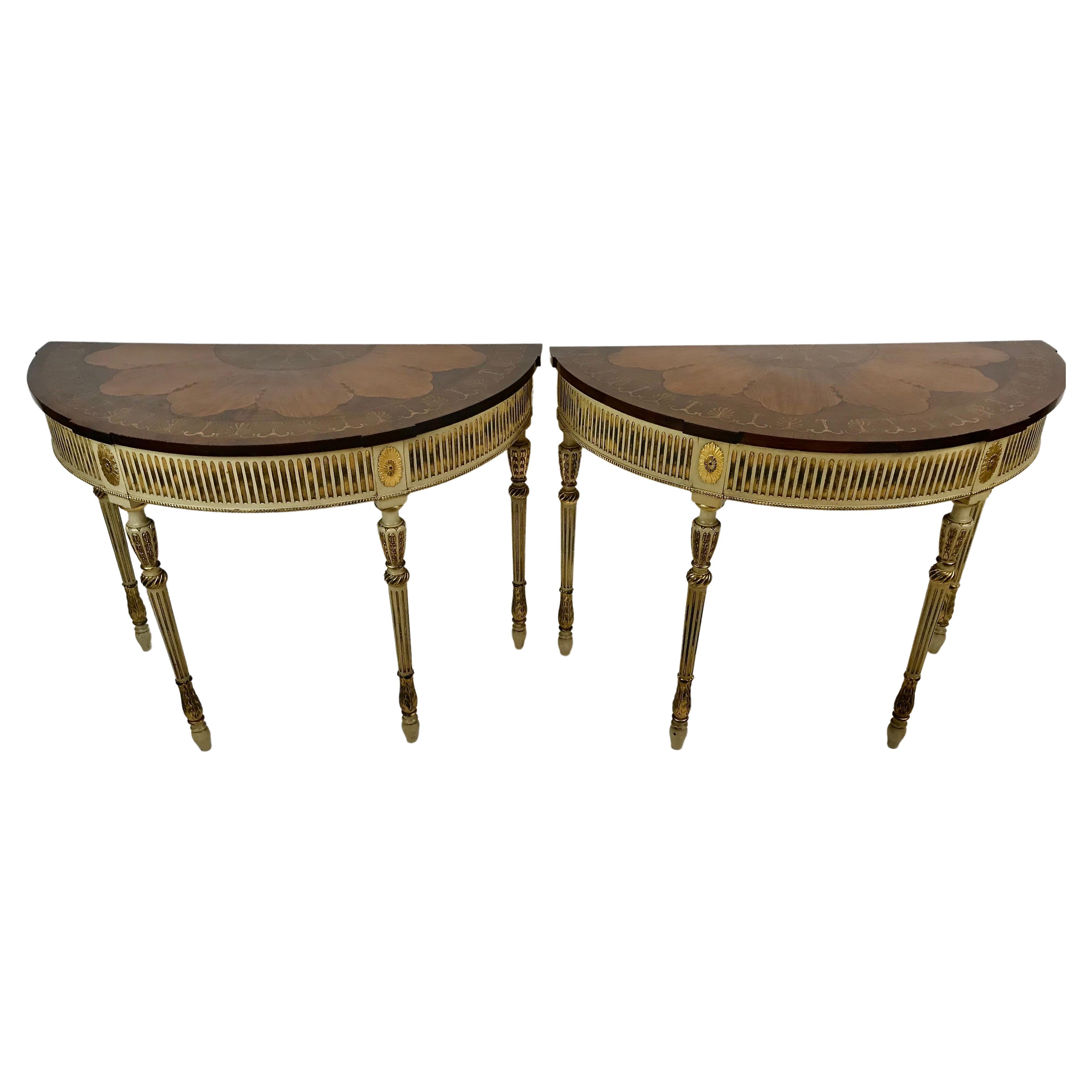 Pair Paint Decorated George III Style Console Tables with Inlay Tops For Sale