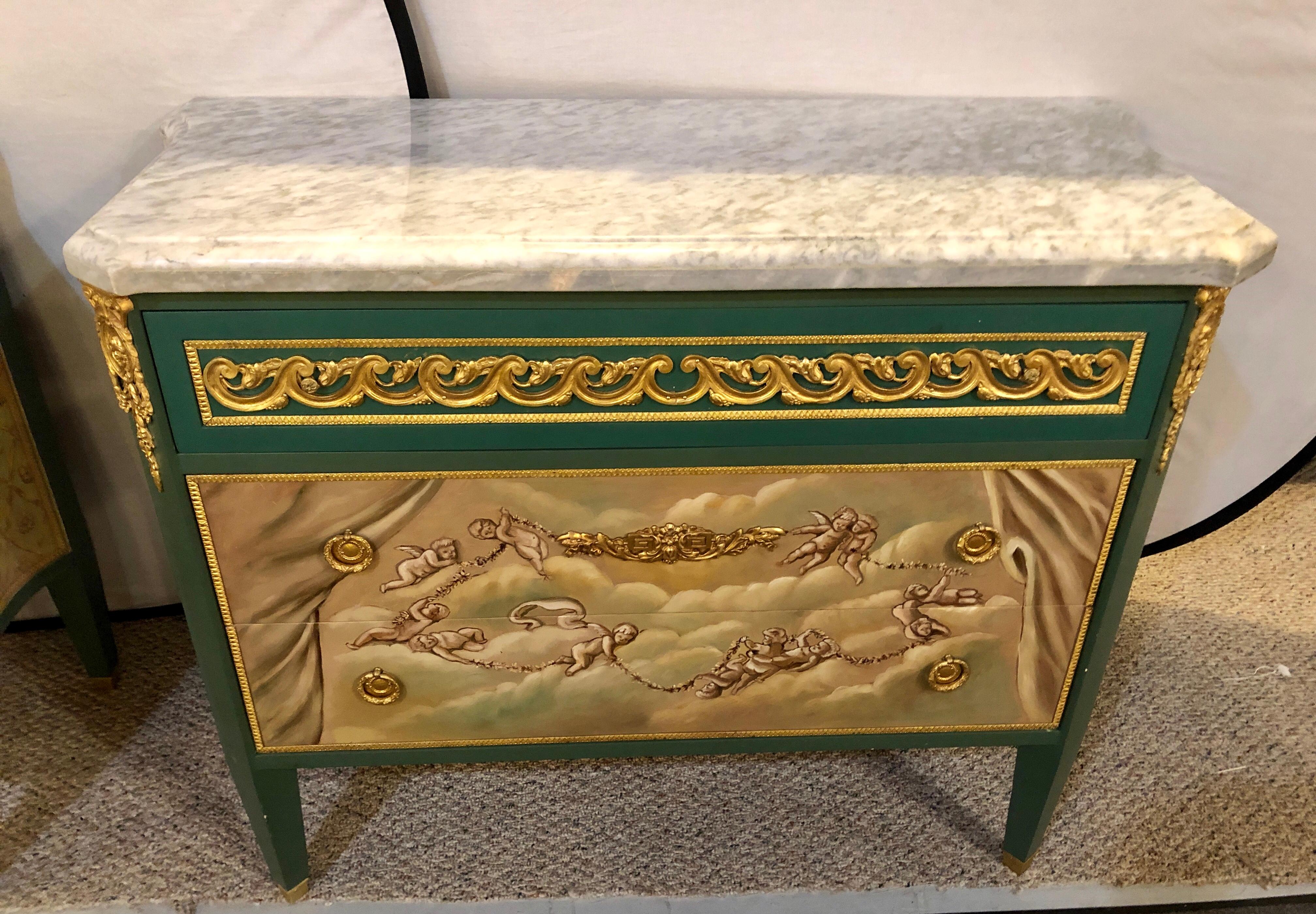 Hollywood Regency, Commodes, Green Painted Wood, Marble, Bronze, 1960s In Good Condition For Sale In Stamford, CT