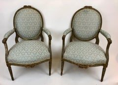 Pair Paint Decorated Louis XVI Open Arm Chairs, or Fauteuils
