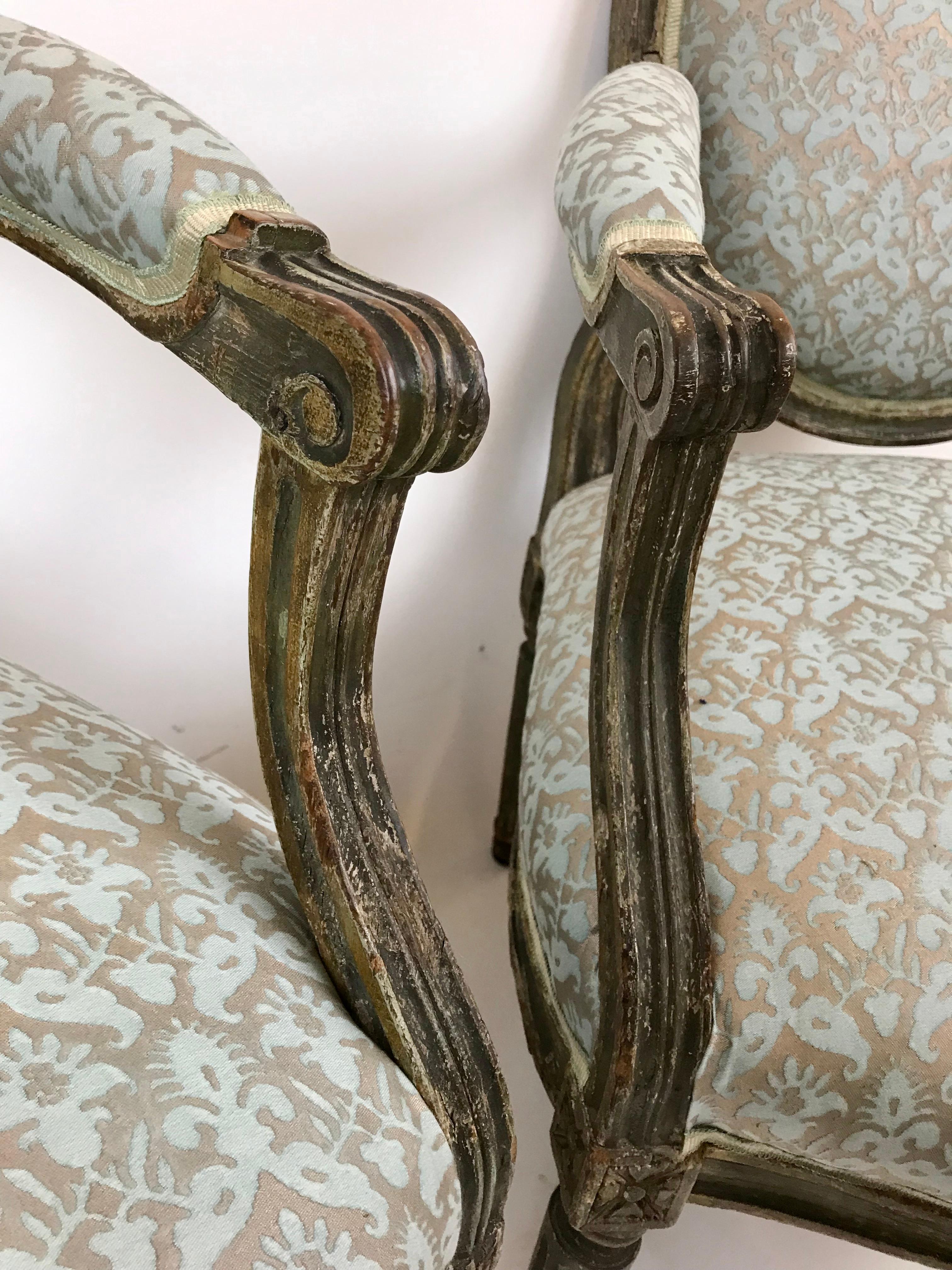 French Pair Paint Decorated Louis XVI Open Arm Chairs, or Fauteuils For Sale