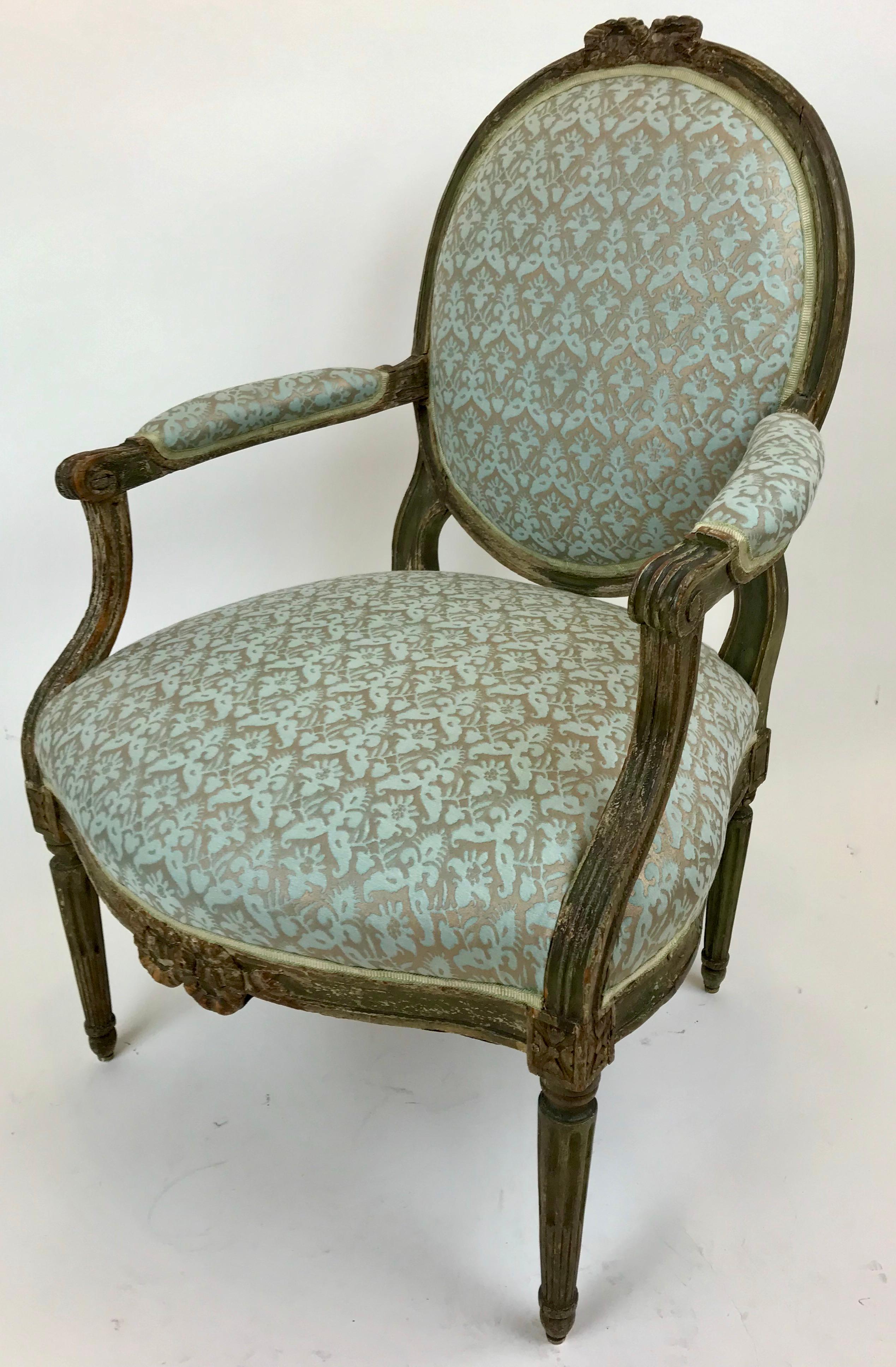 Hand-Carved Pair Paint Decorated Louis XVI Open Arm Chairs, or Fauteuils For Sale