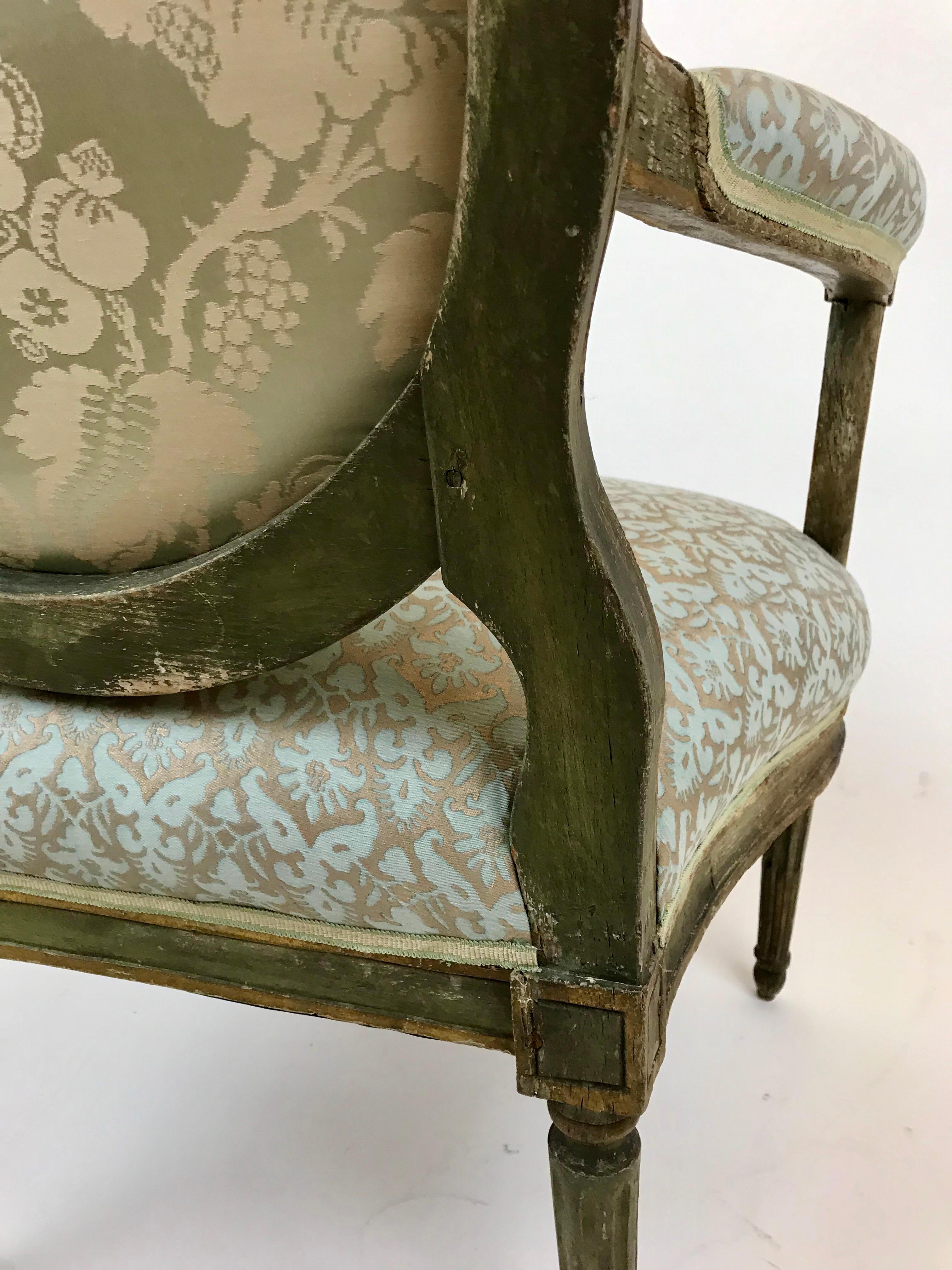 Wood Pair Paint Decorated Louis XVI Open Arm Chairs, or Fauteuils For Sale