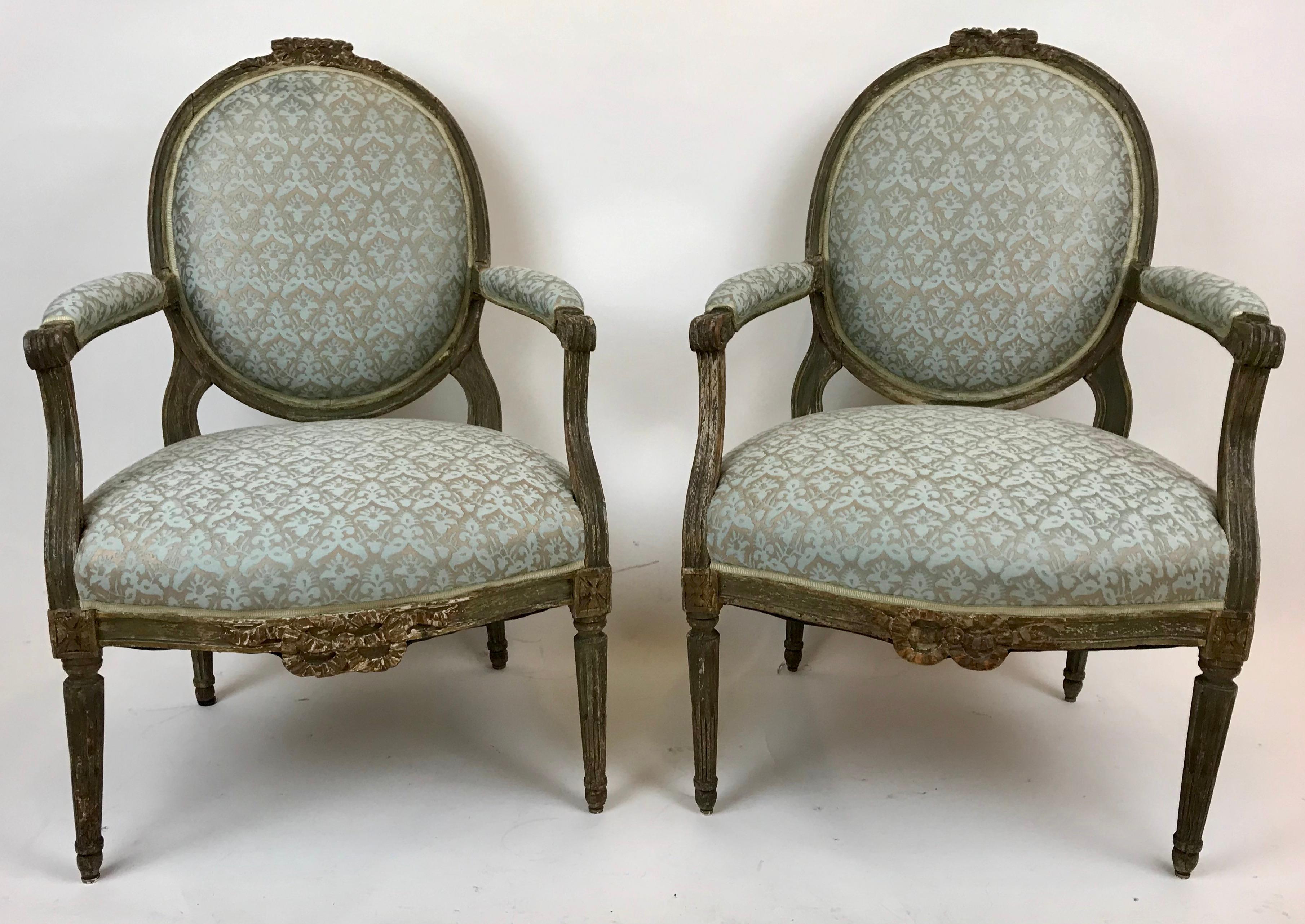 Pair Paint Decorated Louis XVI Open Arm Chairs, or Fauteuils For Sale 1