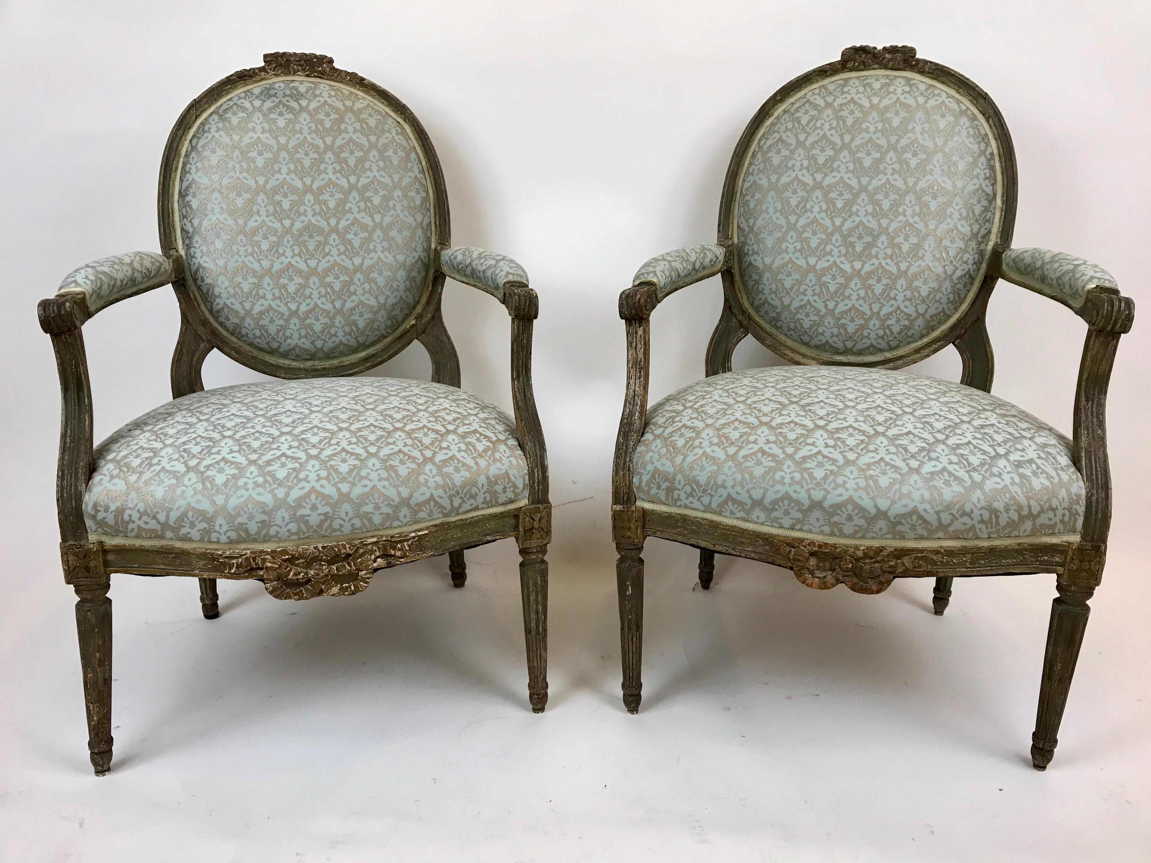 Pair Paint Decorated Louis XVI Open Arm Chairs, or Fauteuils For Sale 2