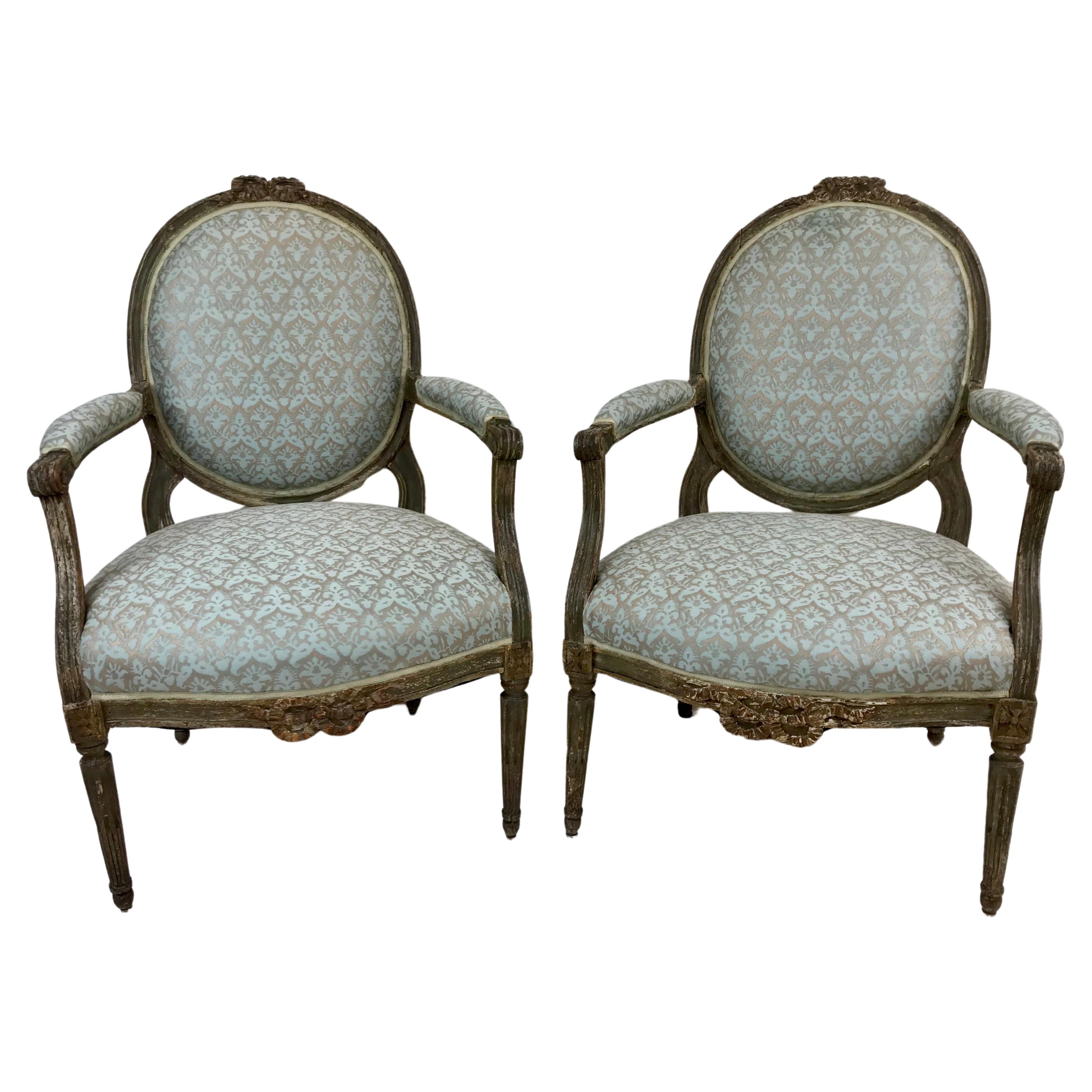 Pair Paint Decorated Louis XVI Open Arm Chairs, or Fauteuils For Sale