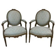 Antique Pair Paint Decorated Louis XVI Open Arm Chairs, or Fauteuils