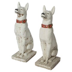 Pair Painted Cast Hard Stone Guard Dog 'German Shepherd' Garden Statues 20th C