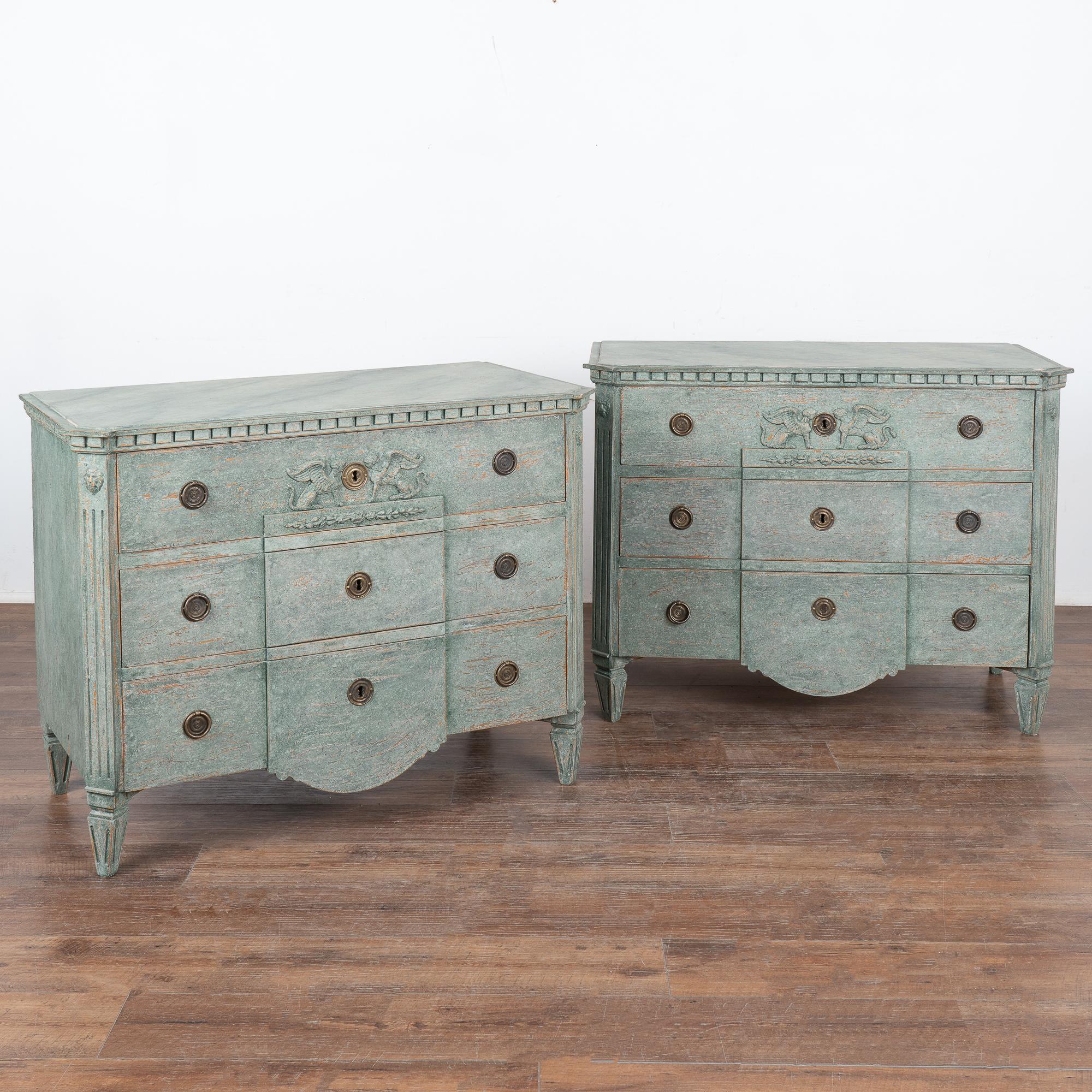 A pair of elegant Gustavian pine chests of three drawers painted in soft seafoam green and blue with pair of griffins highlighting the top drawer.
Canted fluted side posts with upper carved lion head medallion, dentil molding, raised on four tapered