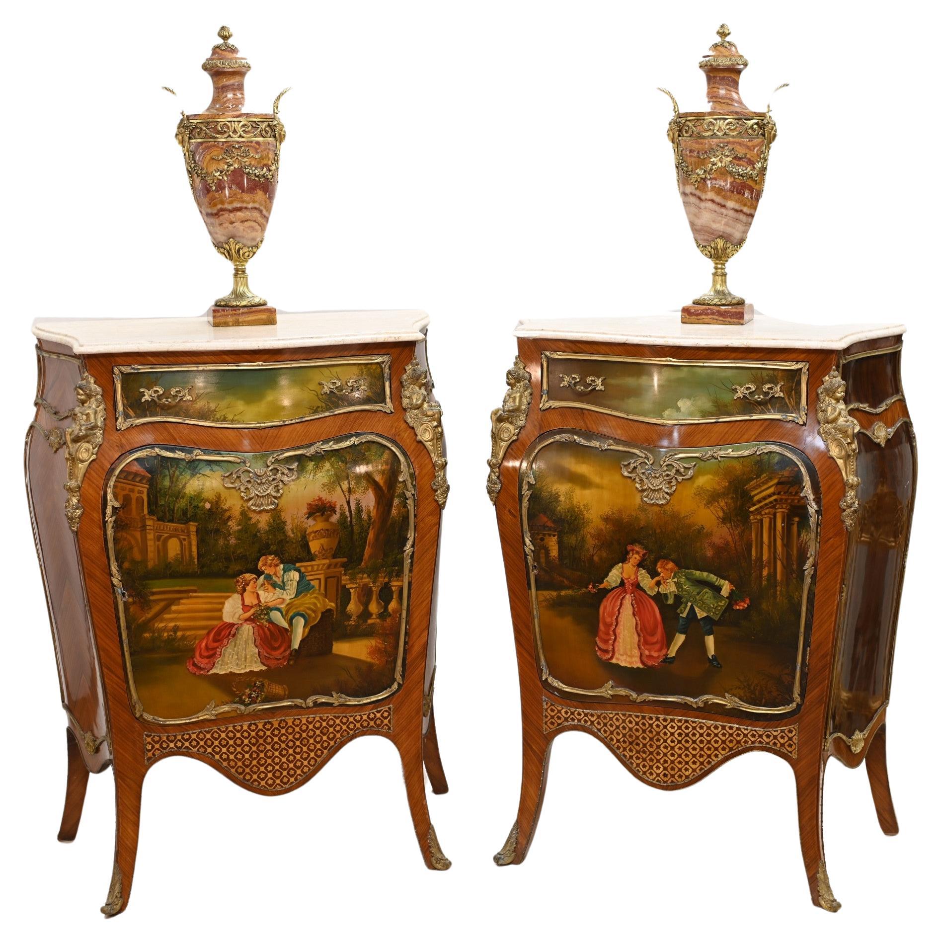 Pair Painted French Cabinets Vernis Martin Commodes For Sale