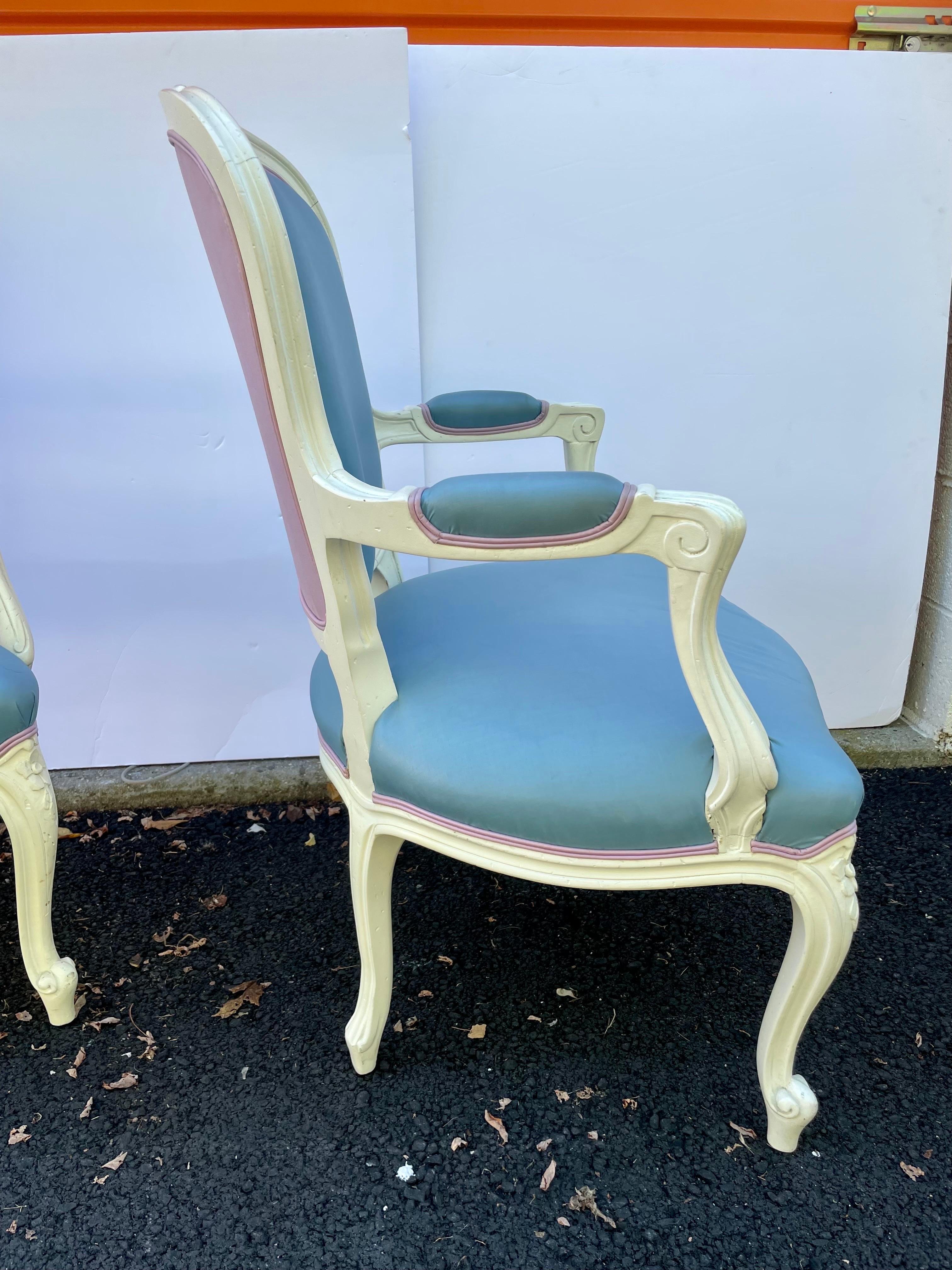 Pair Painted French Louis XV Style Carved Arm Chairs 6