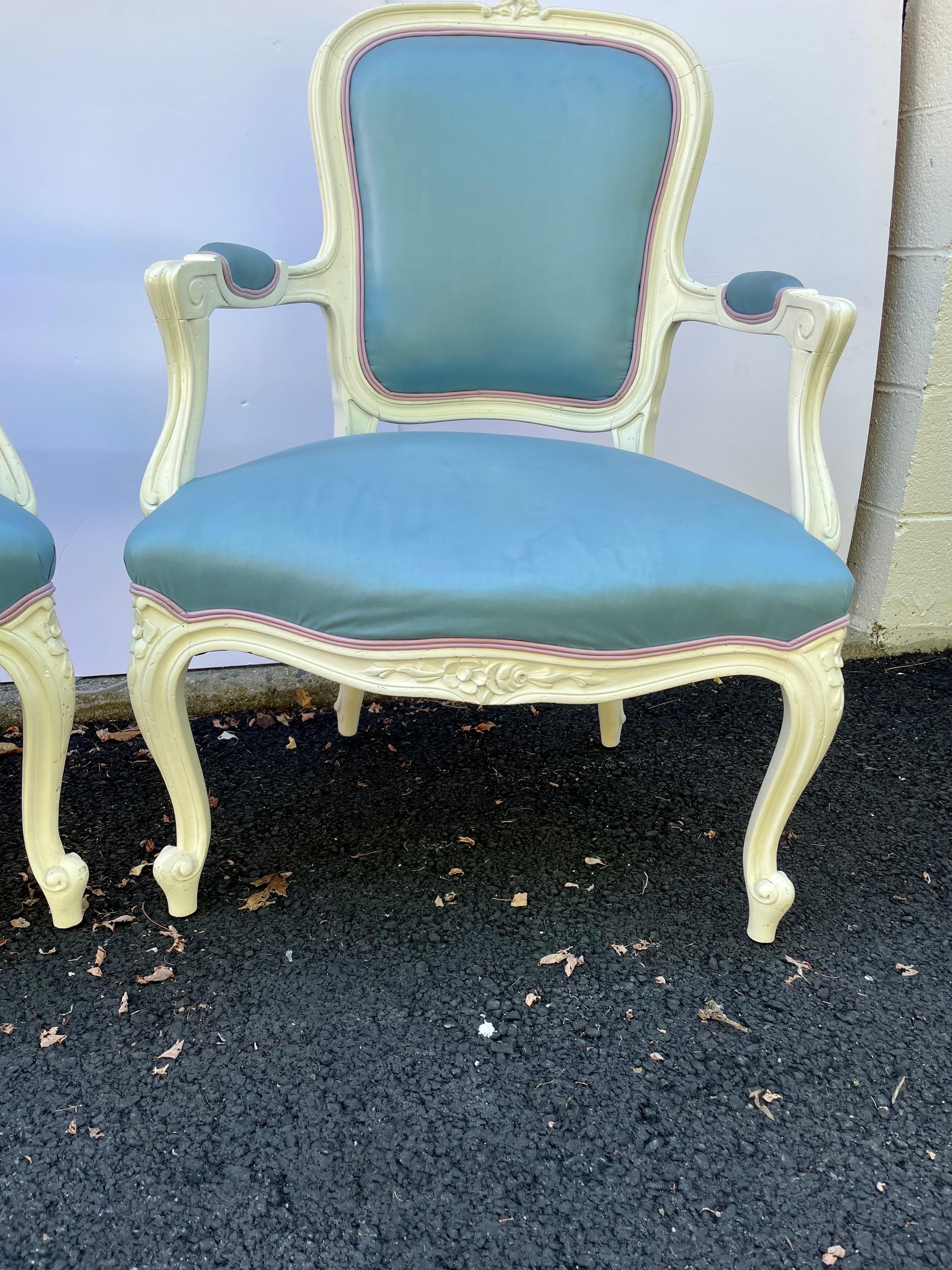 Pair Painted French Louis XV Style Carved Arm Chairs 13