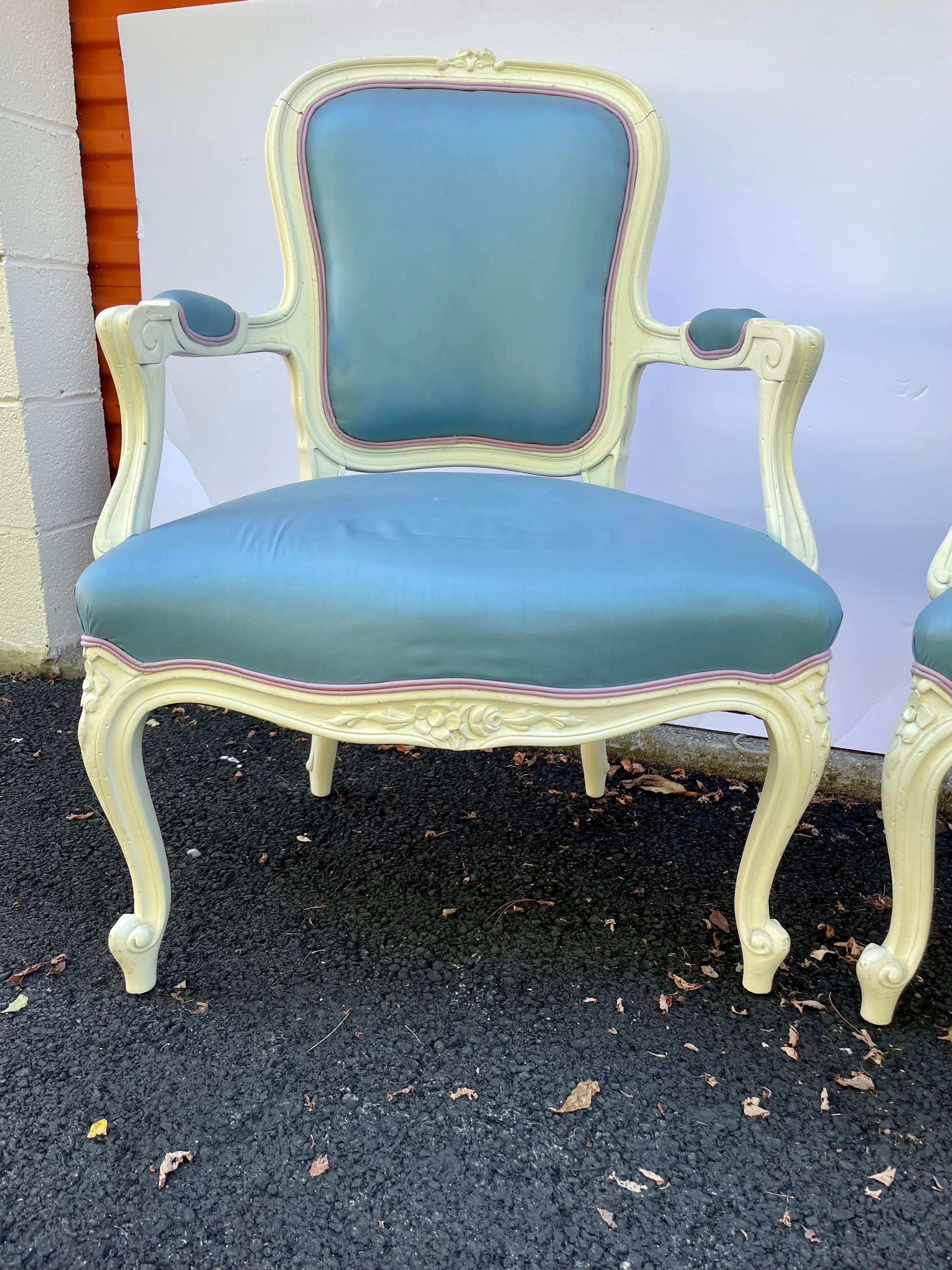 Pair Painted French Louis XV Style Carved Arm Chairs 14