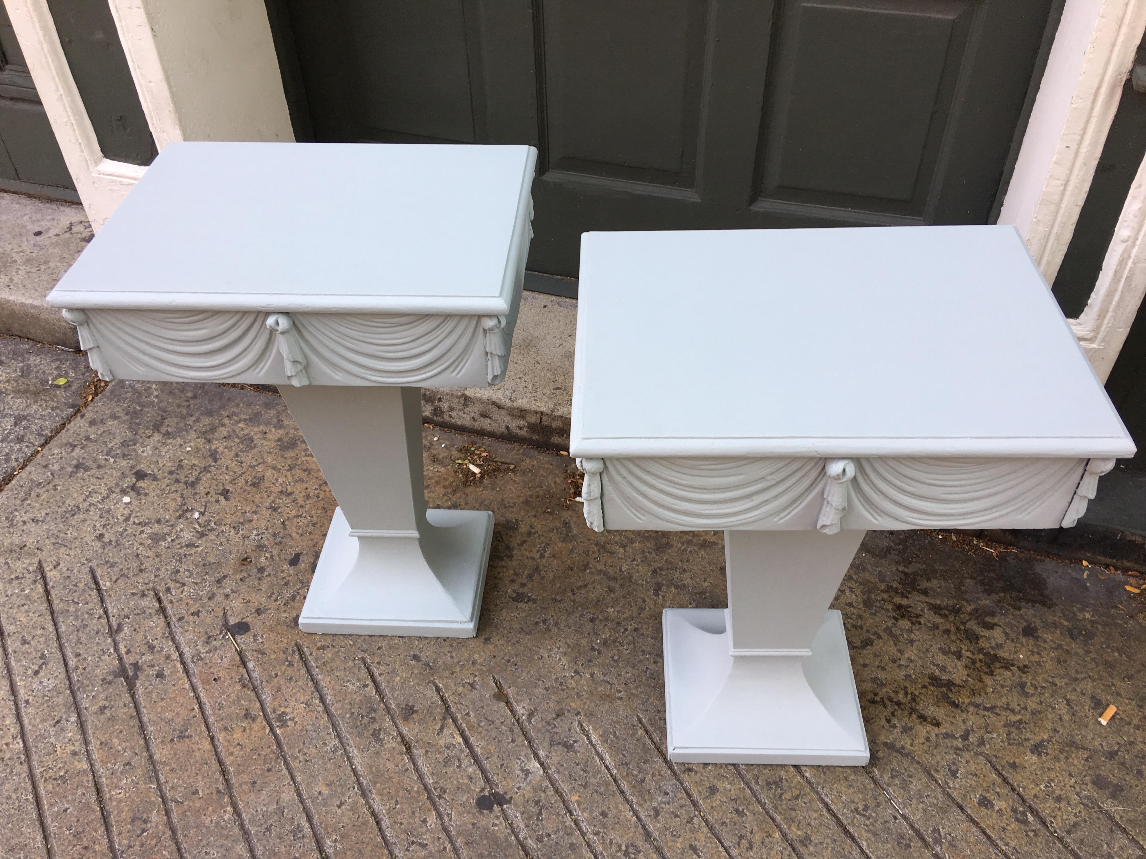 Faux draped end tables by Grosfeld House. Perfect for bedroom use or next to a sofa! Tables have been painted pale blue, usable condition or strip and refinish!