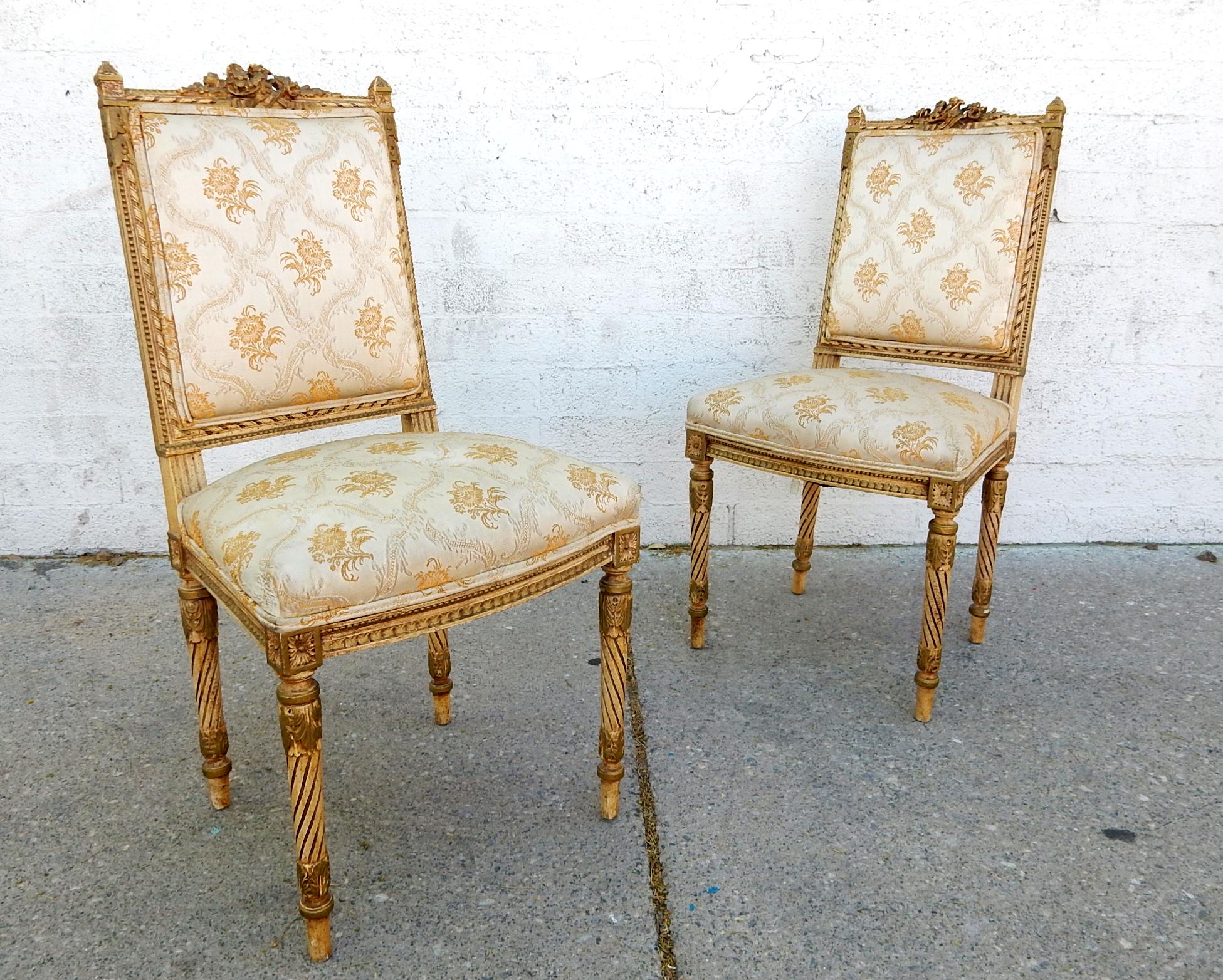 Parlor chairs in the Louis XVI style, circa 1940s.
Fine quality, attributed to Maison Jensen. 
Spring cushions. Ornate frame.
They look to be very well cared for in original finish/condition.
