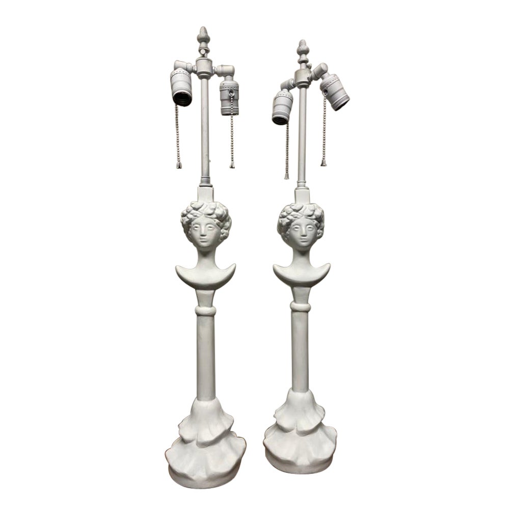 Pair Painted Plaster Table Lamps After Alberto Giacometti, Tete de Femme