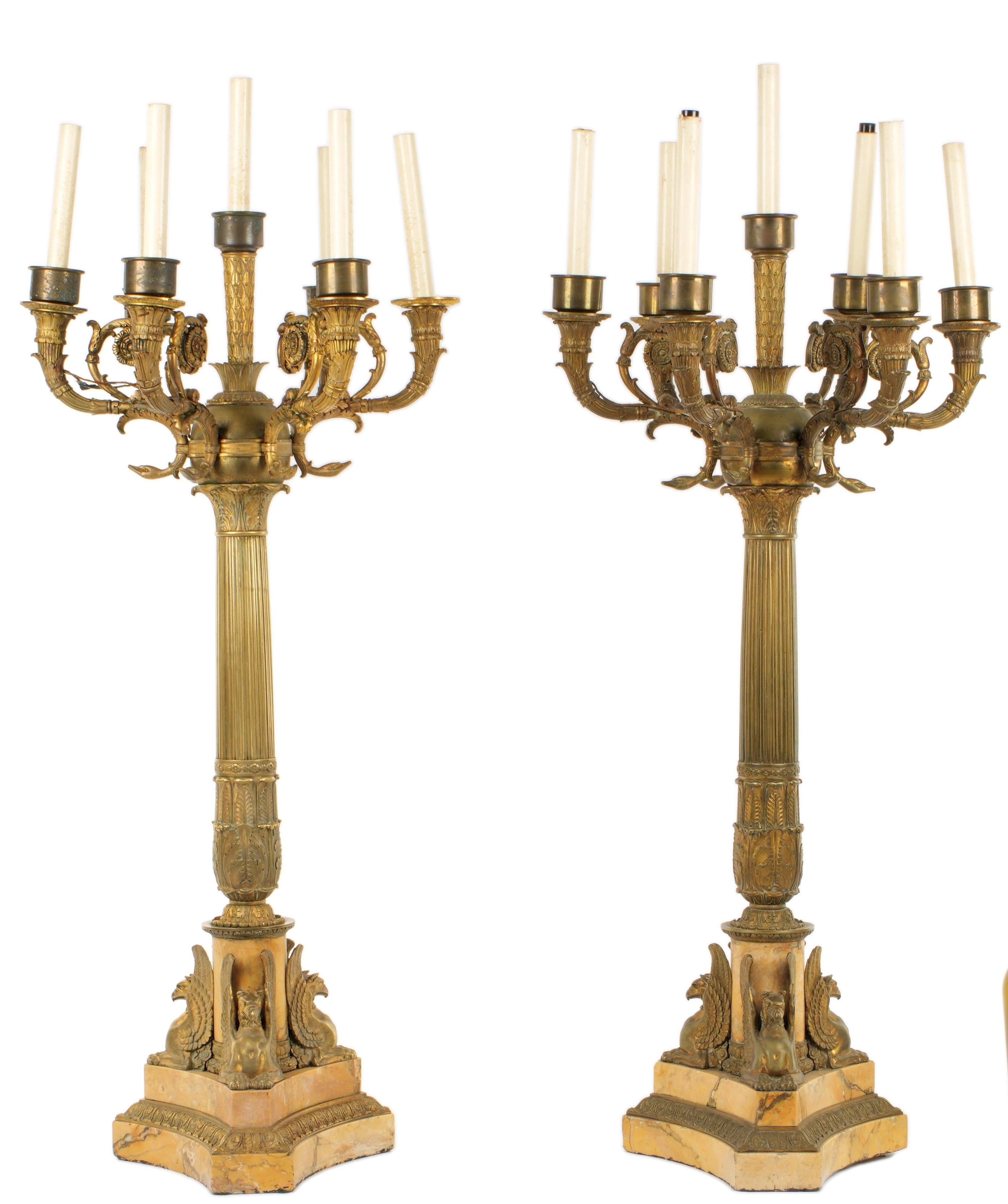 Pair Palace Size French Gilt Bronze and Sienna Marble Candelabra Lamps 5