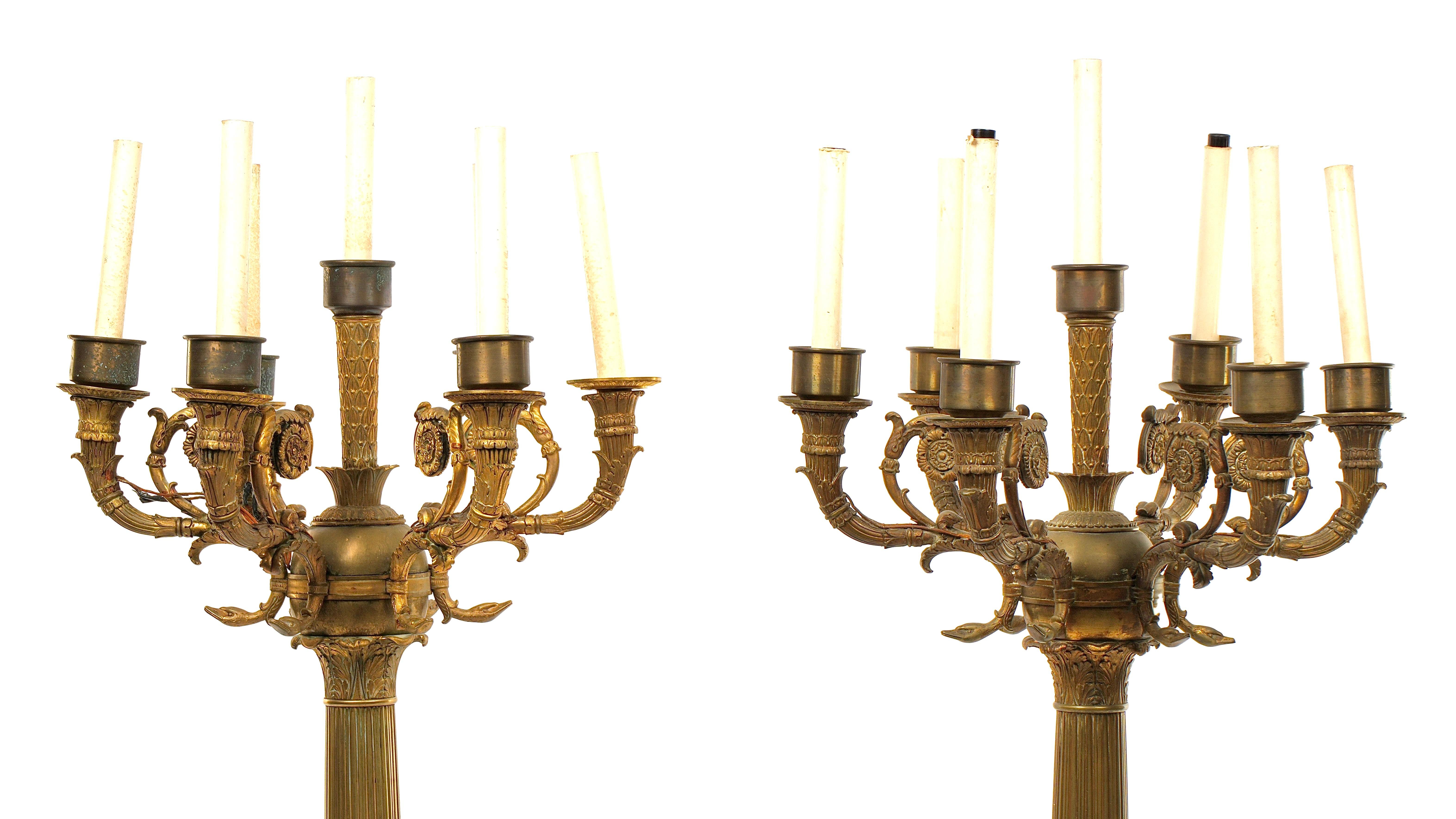 Neoclassical Pair Palace Size French Gilt Bronze and Sienna Marble Candelabra Lamps