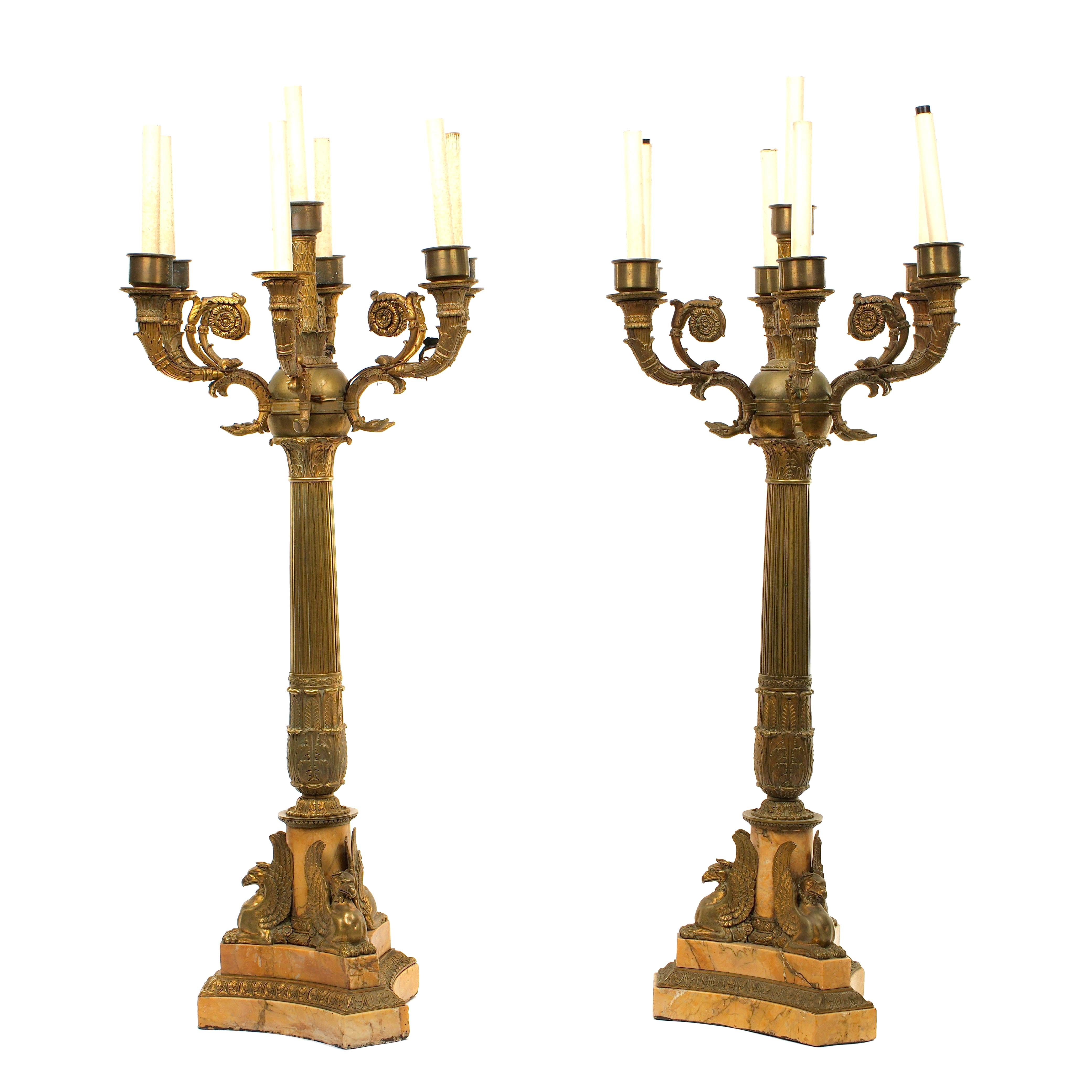 Pair Palace Size French Gilt Bronze and Sienna Marble Candelabra Lamps In Good Condition In Bradenton, FL