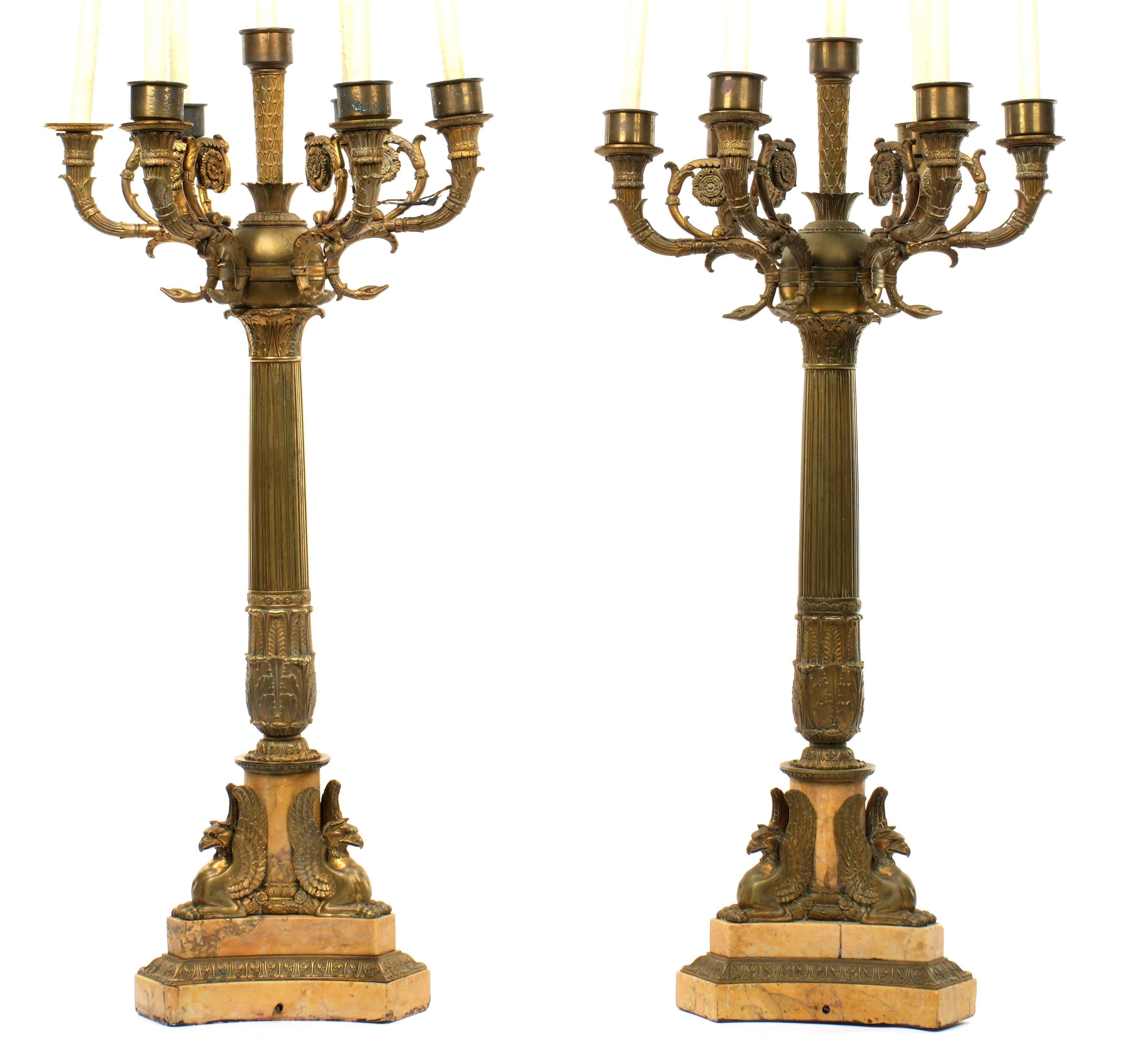19th Century Pair Palace Size French Gilt Bronze and Sienna Marble Candelabra Lamps