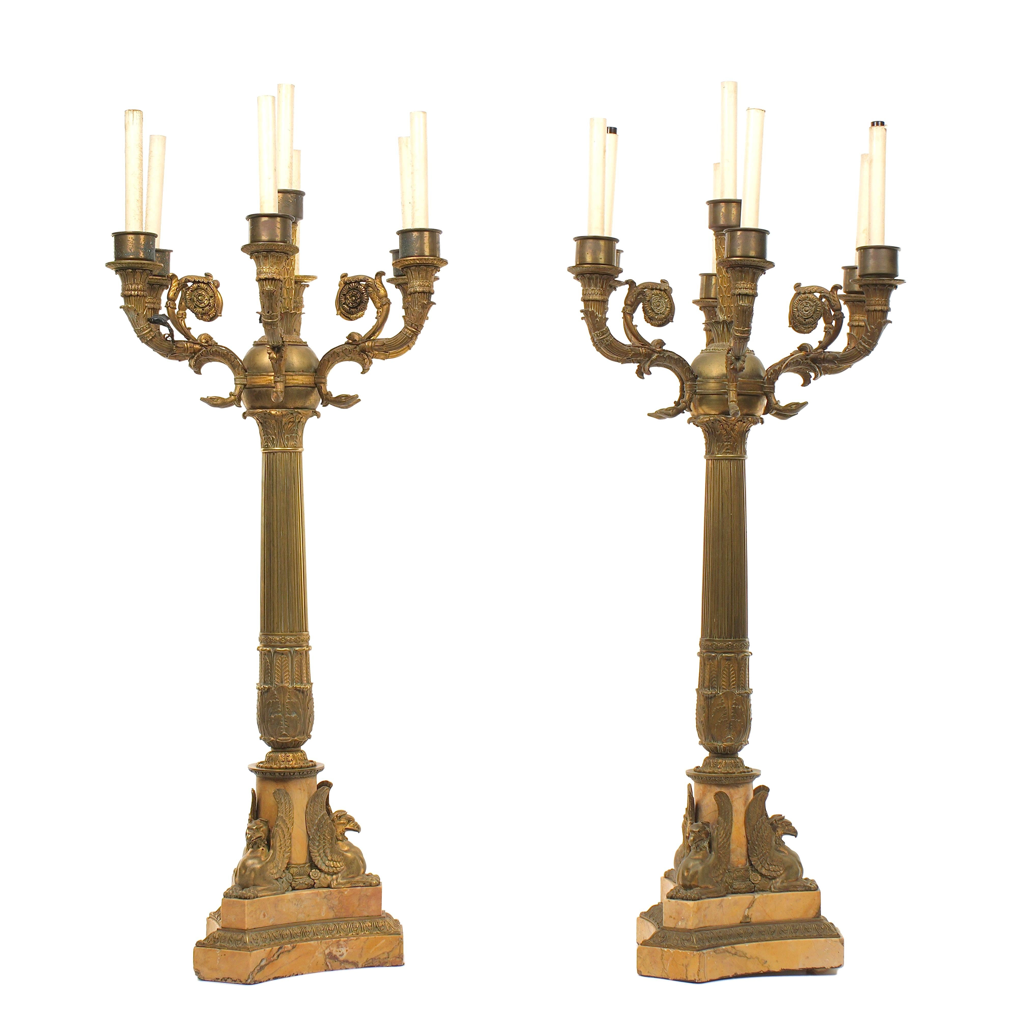 Pair Palace Size French Gilt Bronze and Sienna Marble Candelabra Lamps 1