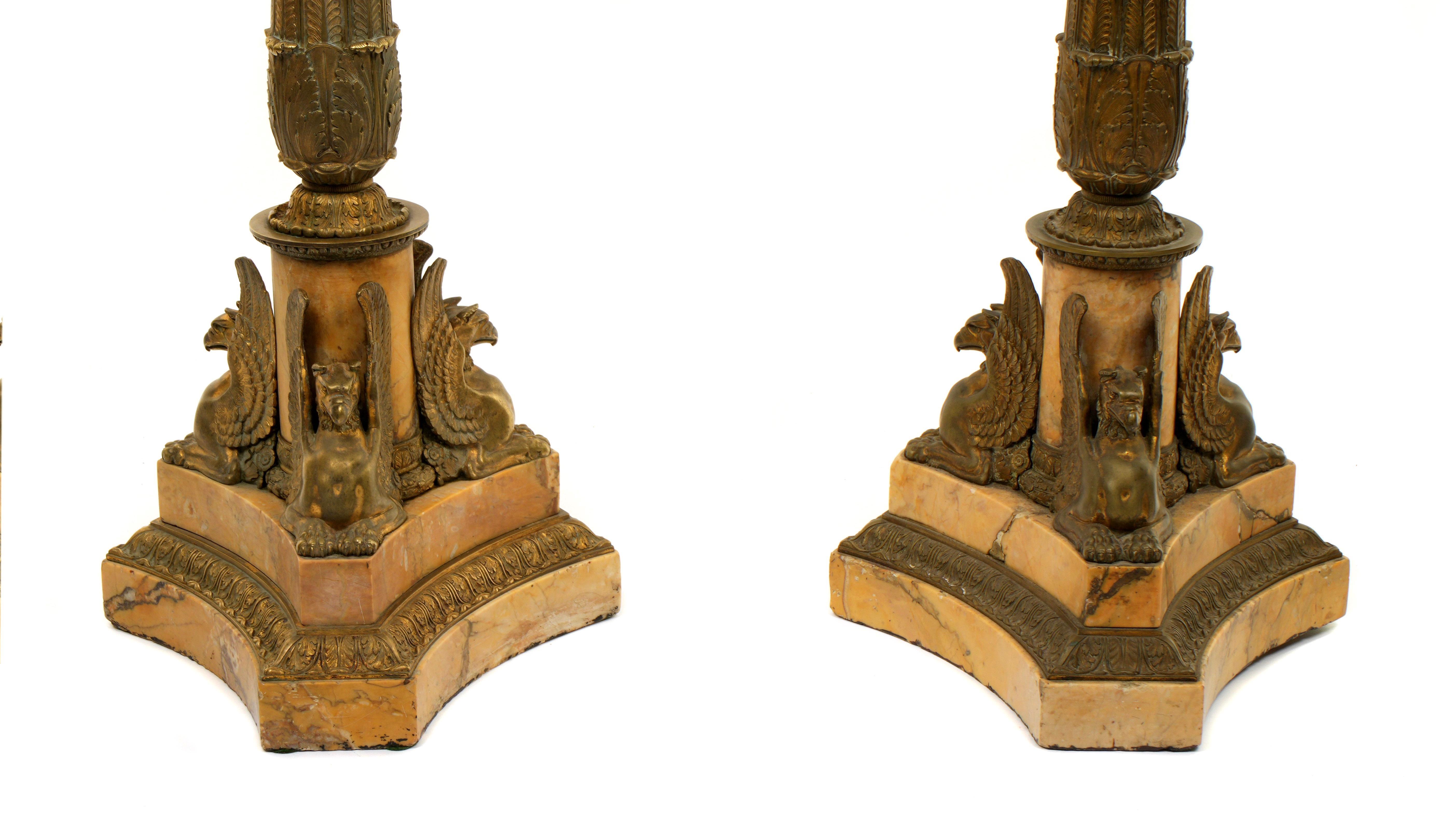 Pair Palace Size French Gilt Bronze and Sienna Marble Candelabra Lamps 2