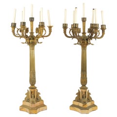 Pair Palace Size French Gilt Bronze and Sienna Marble Candelabra Lamps