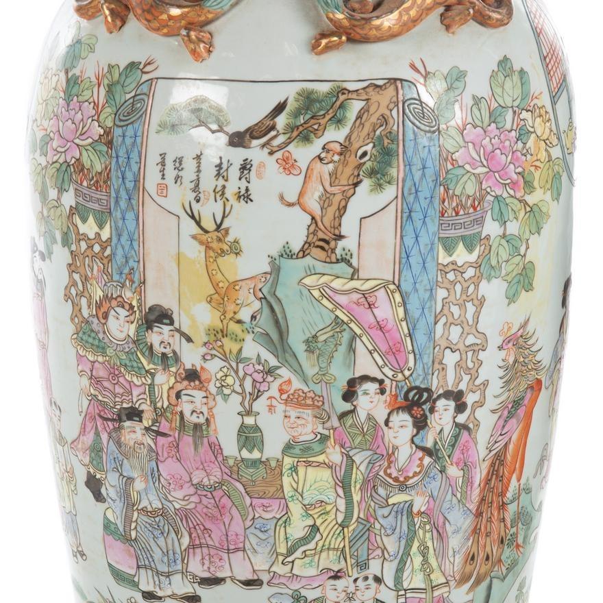 Enameled Pair Palatial Chinese Famille Rose Porcelain Vases For Sale