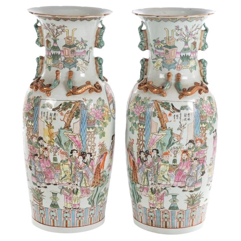 Pair Palatial Chinese Famille Rose Porcelain Vases For Sale