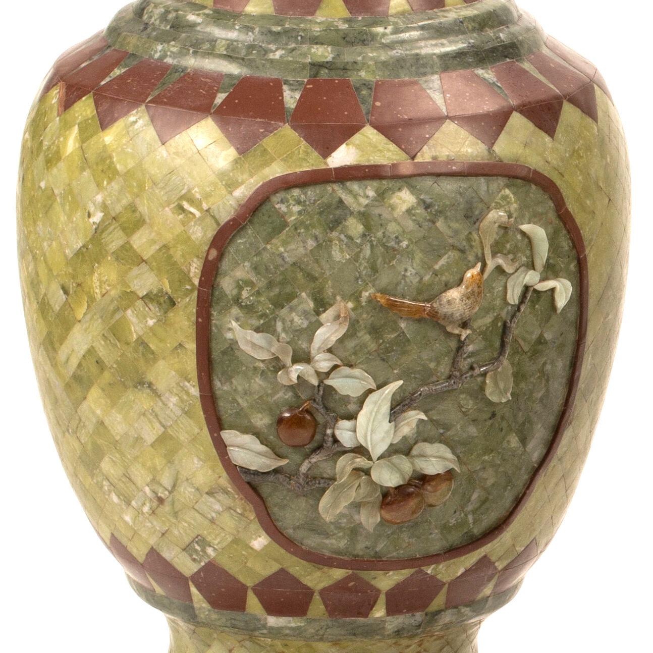 Veneer Pair Palatial Chinese Hardstone veneered Vases on Ebonized Stands For Sale
