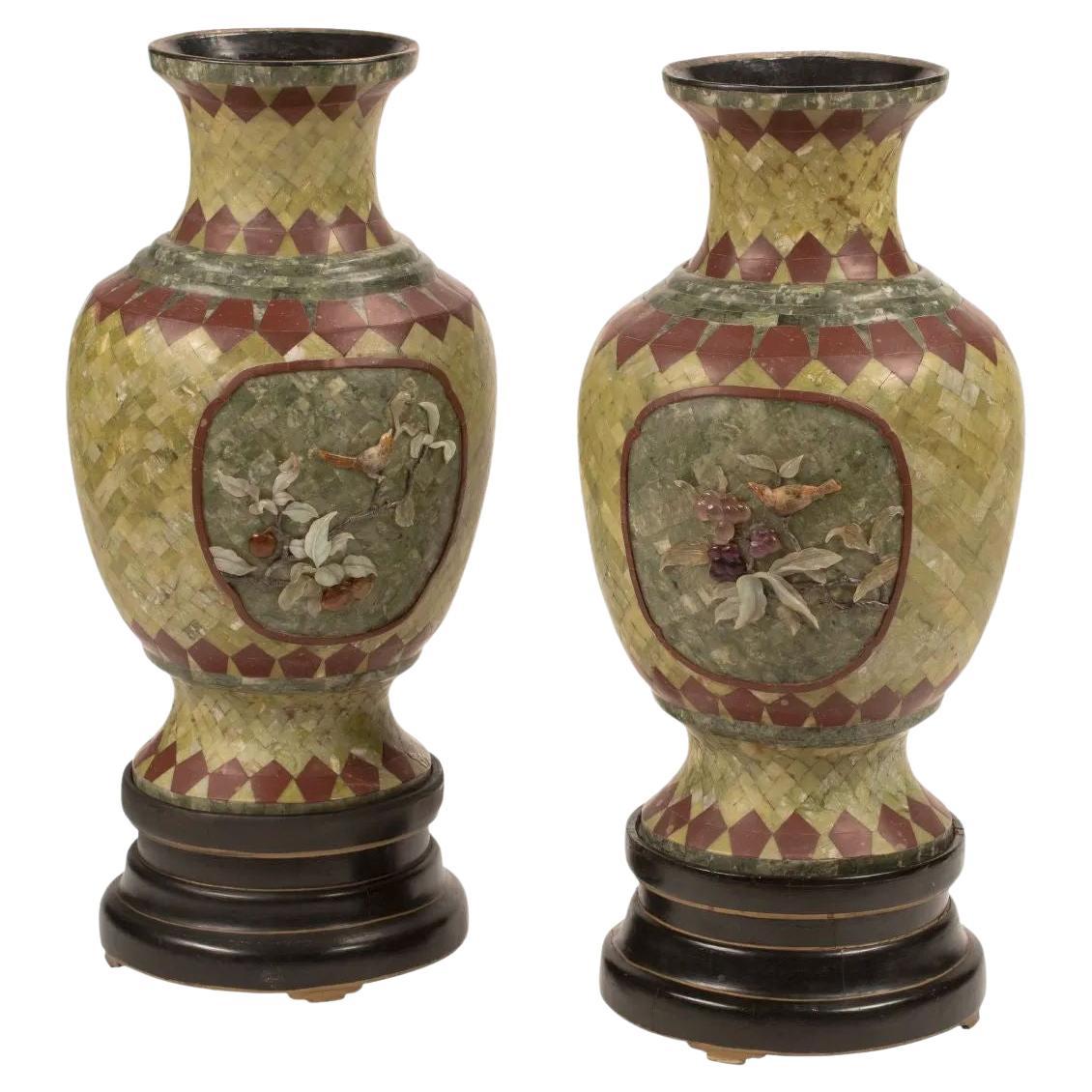 Pair Palatial Chinese Hardstone veneered Vases on Ebonized Stands