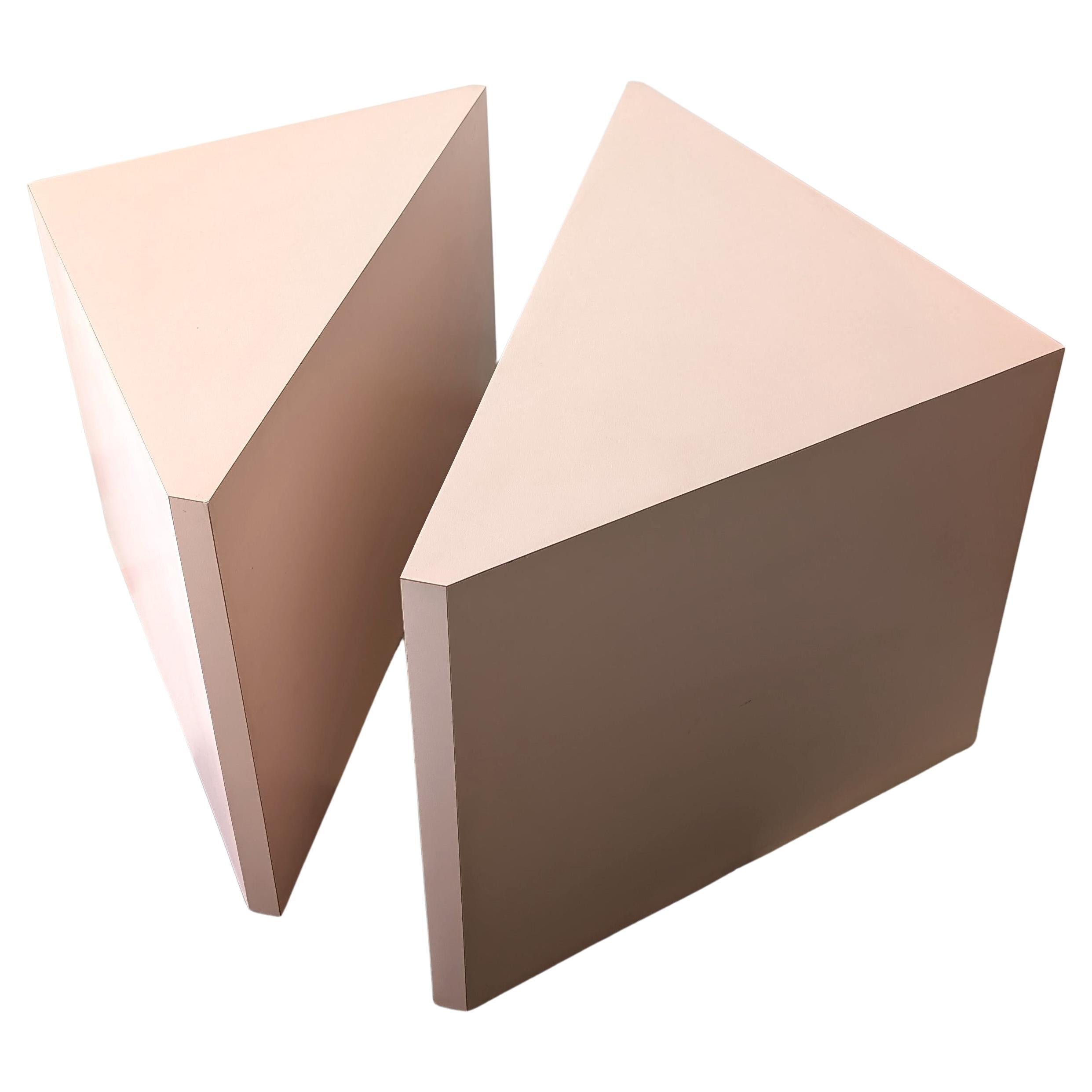 Pair pale pink postmodern American modular coffee tables, with shelved storage