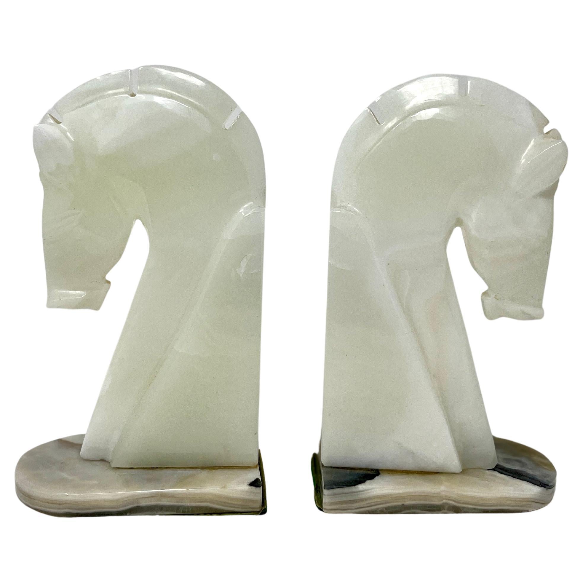 Pair Pale White Onyx Horse Head Bookends with Contrasting Base