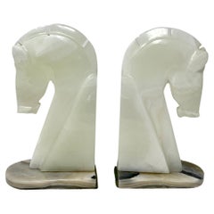Pair Pale White Onyx Horse Head Bookends with Contrasting Base
