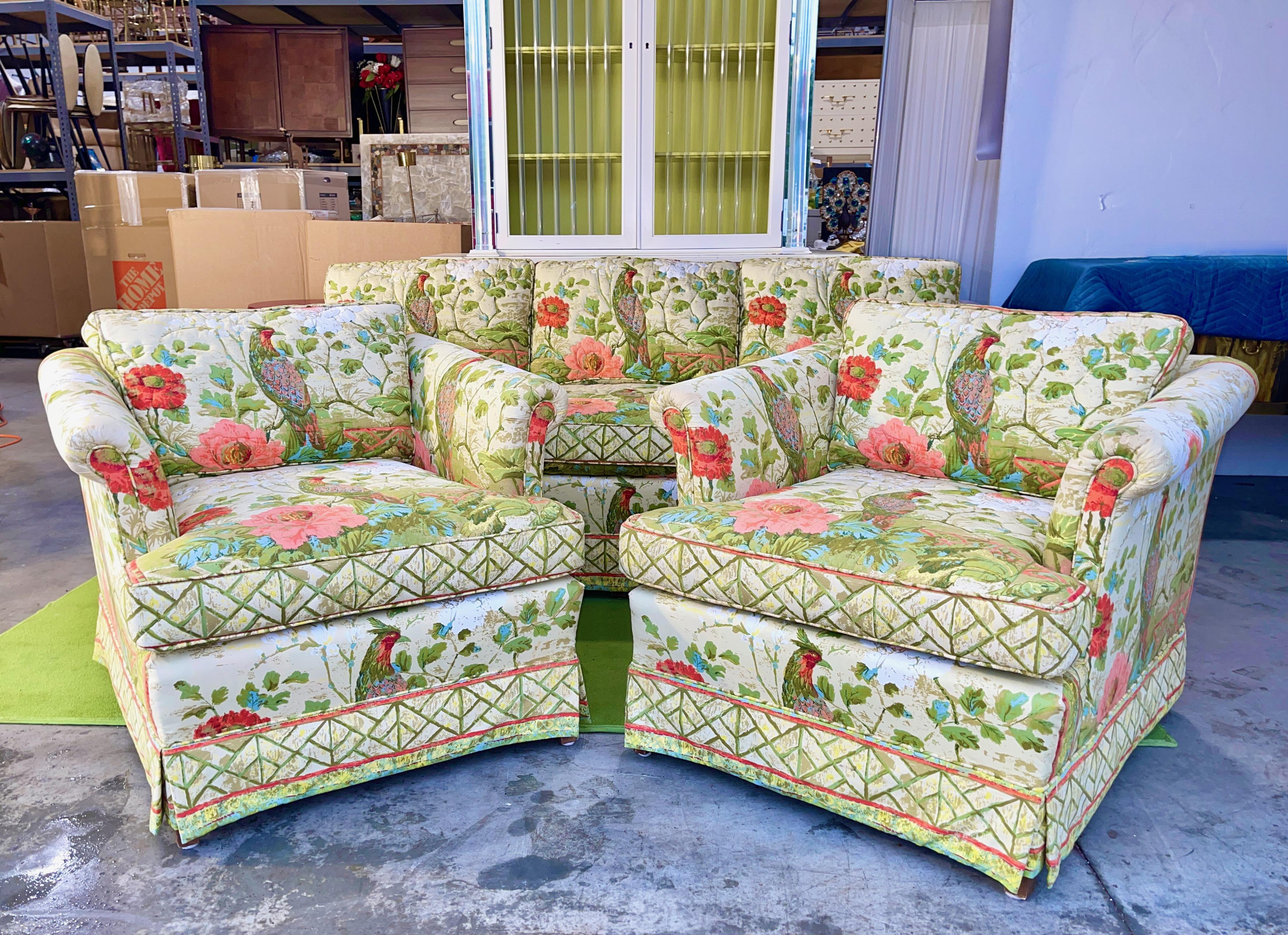 Pair of armchairs upholstered in famous vintage quilted cotton in Greeff's ‘Peony Garden’ from the Jasmine and Jade Collection for Warner and Sons.   
Undoubtedly many will recognize and feel a twang of nostalgia for your parent's or grandparent's
