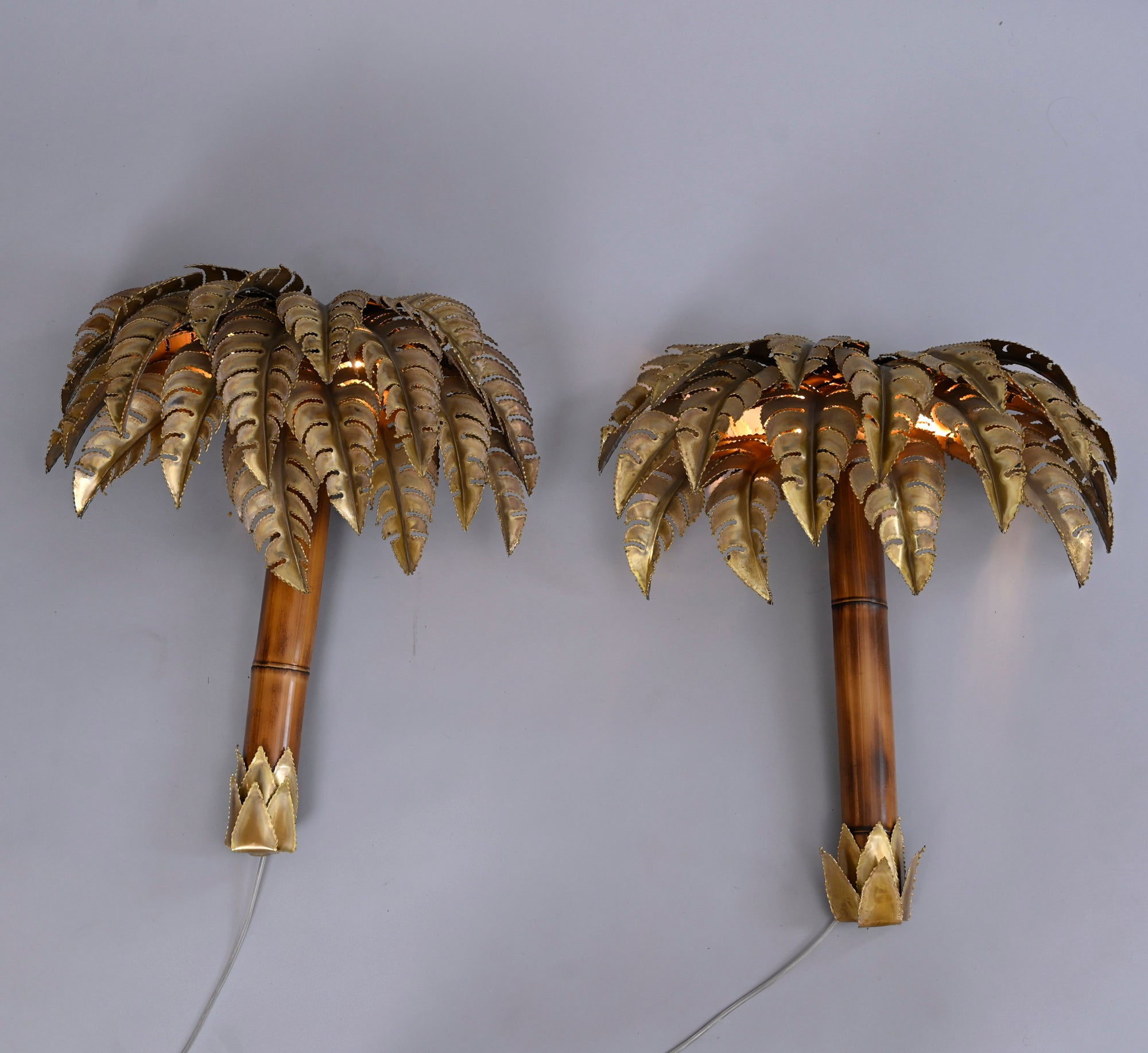French Pair Palm Tree Wall Lights Maison Jansen France, C1970