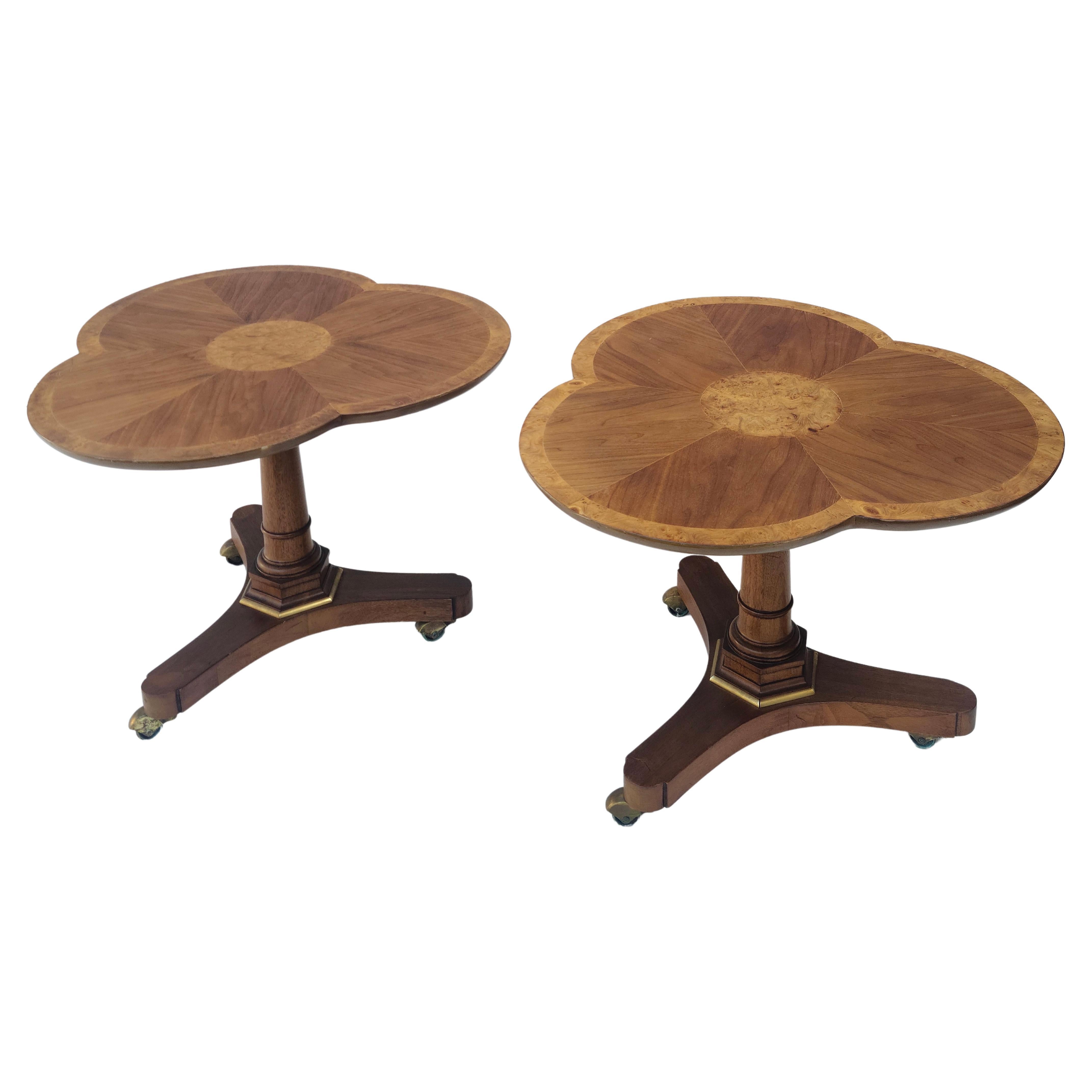 Please feel free to reach out for accurate shipping quote.

Pair gueridon tables. Wanlut with walnut burl on brass casters.

Flower pattern top is somewhat an irony on a gueridon=battle table.