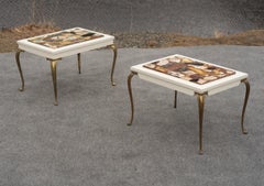 Coppia di tavolini in stile Paolo Buffa in terrazo e ottone con marmi misti
